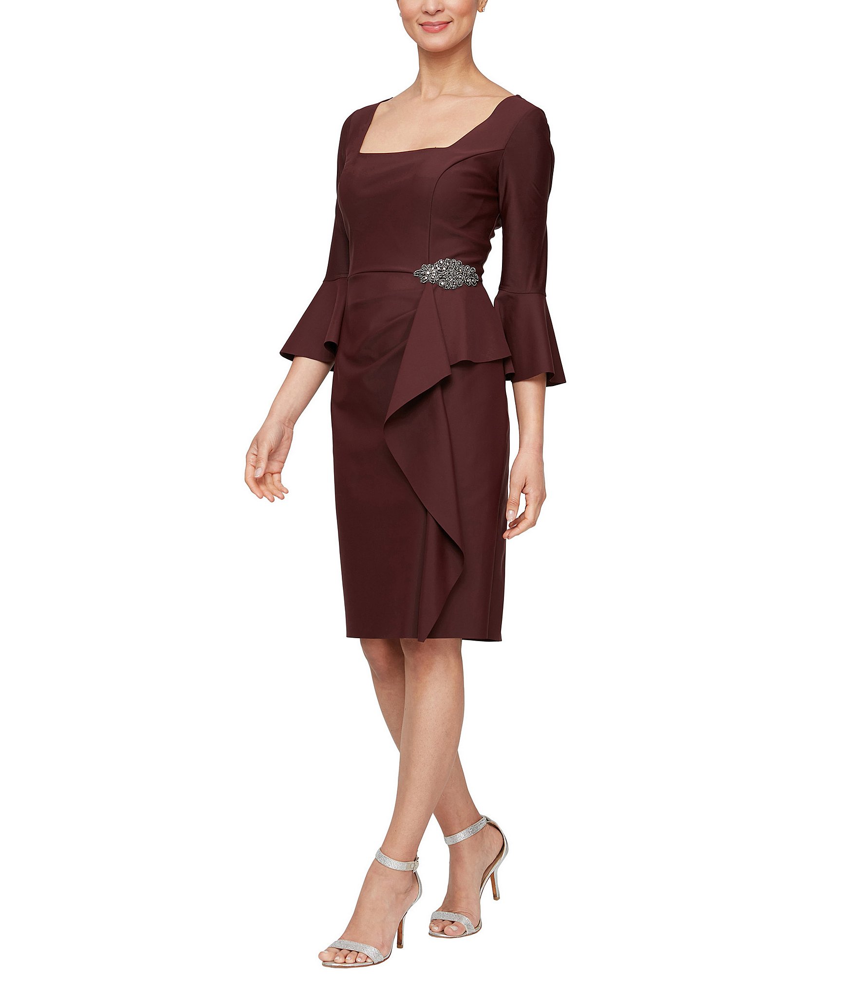 Alex Evenings Square Neck 3 4 Bell Sleeve Embellished Cascade Ruffle Sheath Dress Brazos Mall