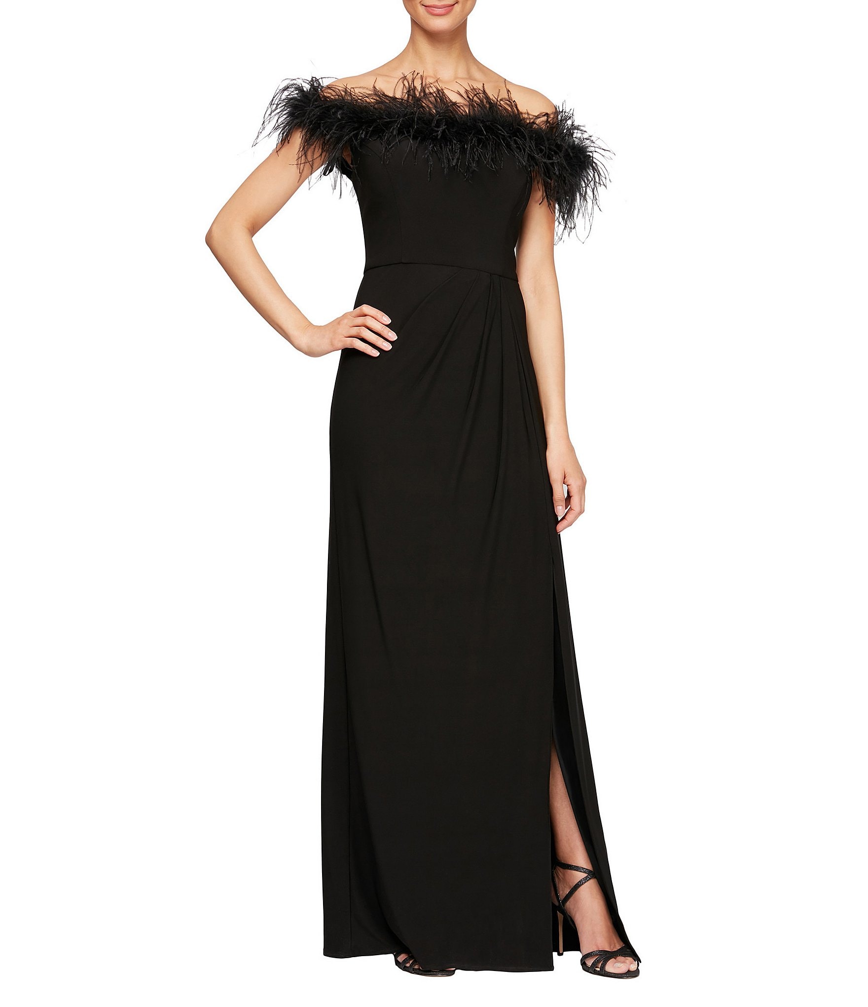 Alex Evenings Women's Dress Black Size 8 Feather Off Shoulder Gown