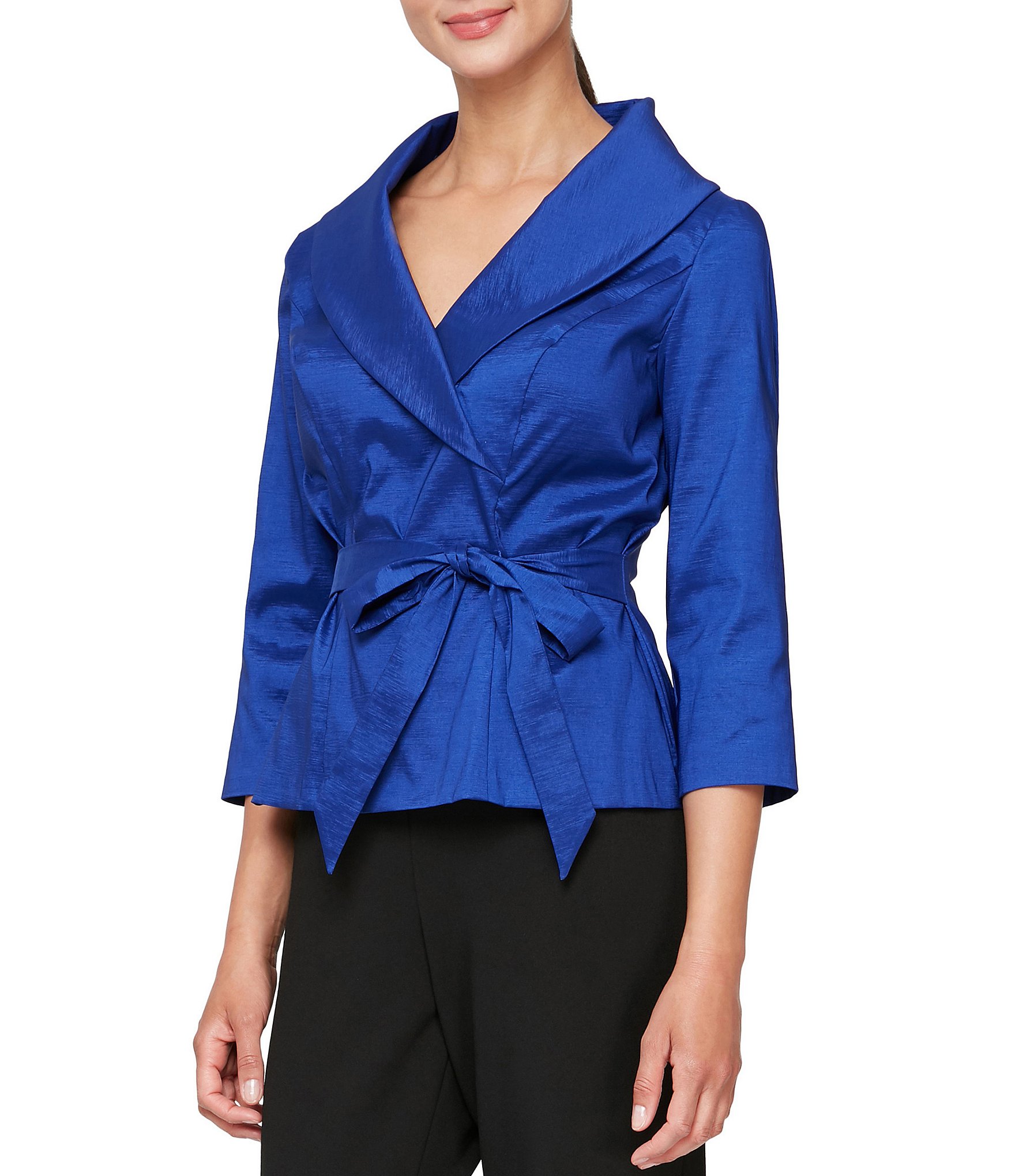 Alex Evenings Taffeta Tie Waist Shawl Collar 3/4 Sleeve Top