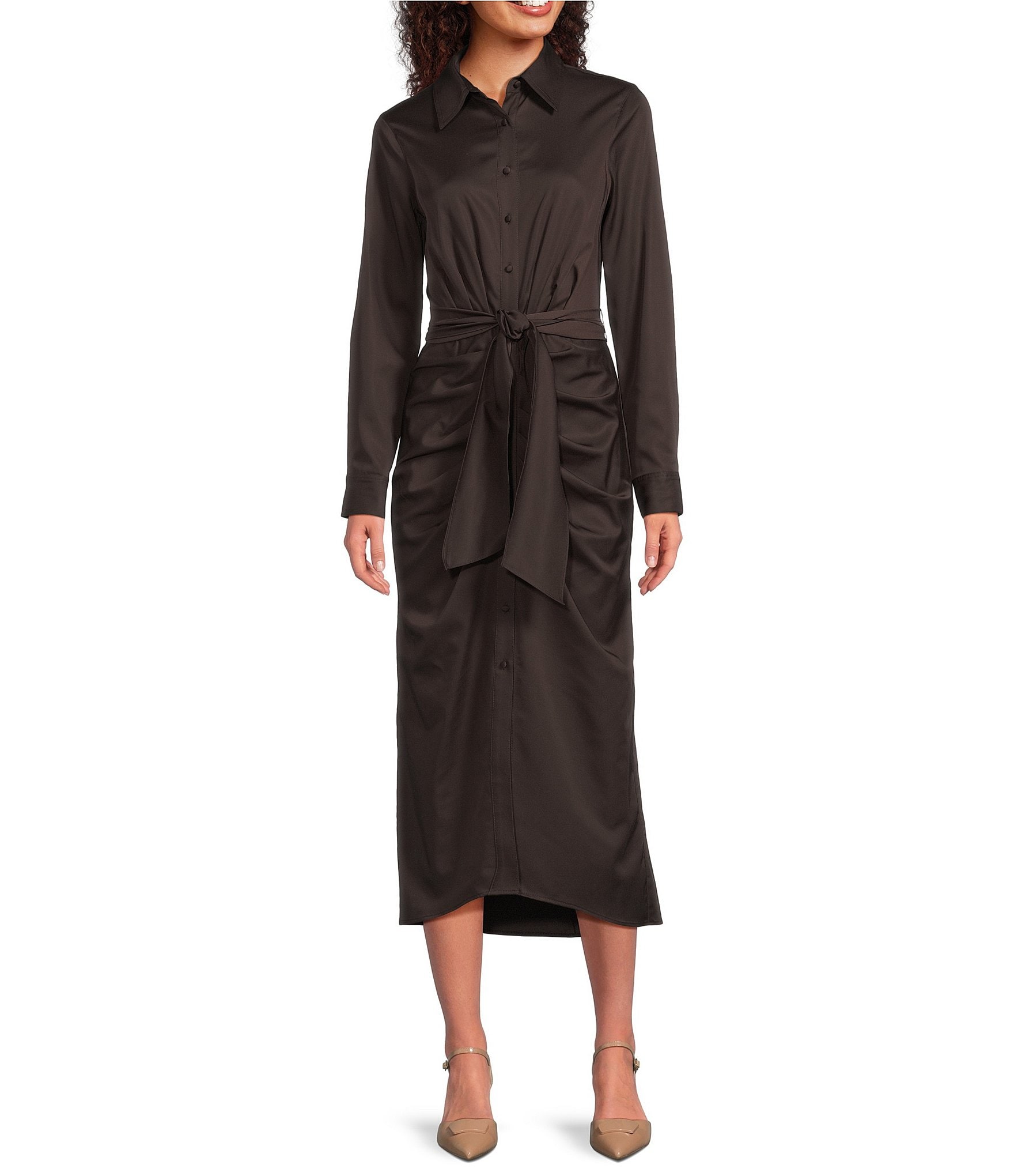 Alex Marie Adriana Long Sleeve Collared Tie Waist Maxi Dress