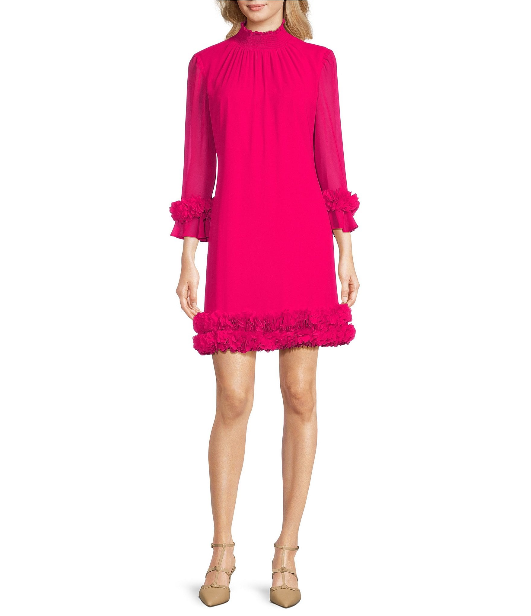 Alex Marie Amelia Chiffon Smocked Mock Neck 3D Floral Petal Illusion 3/4  Sleeve Mini Ruffle Trim Shift Dress | Dillard's