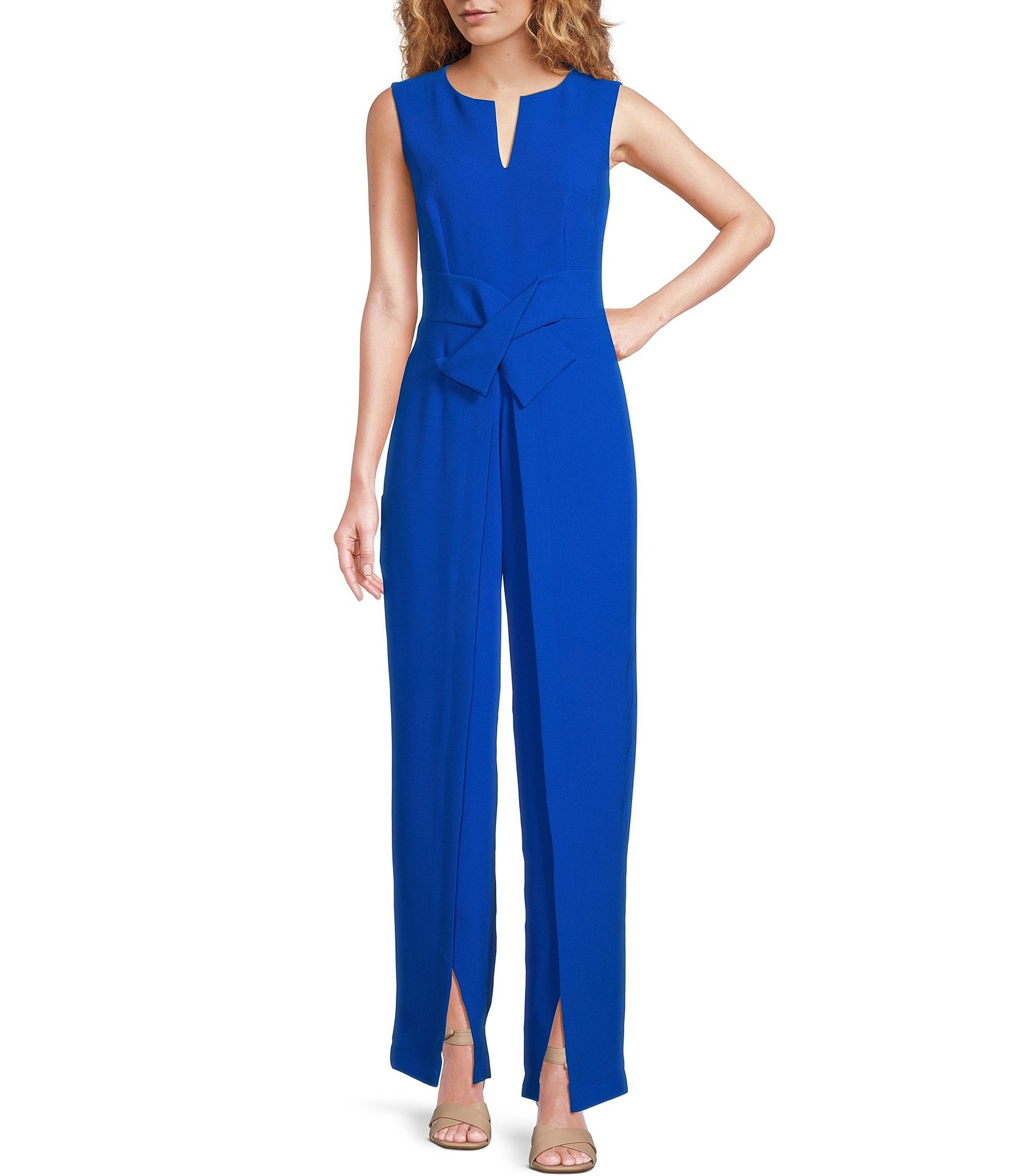 V Neck Split Sleeve Jumpsuit in Blue