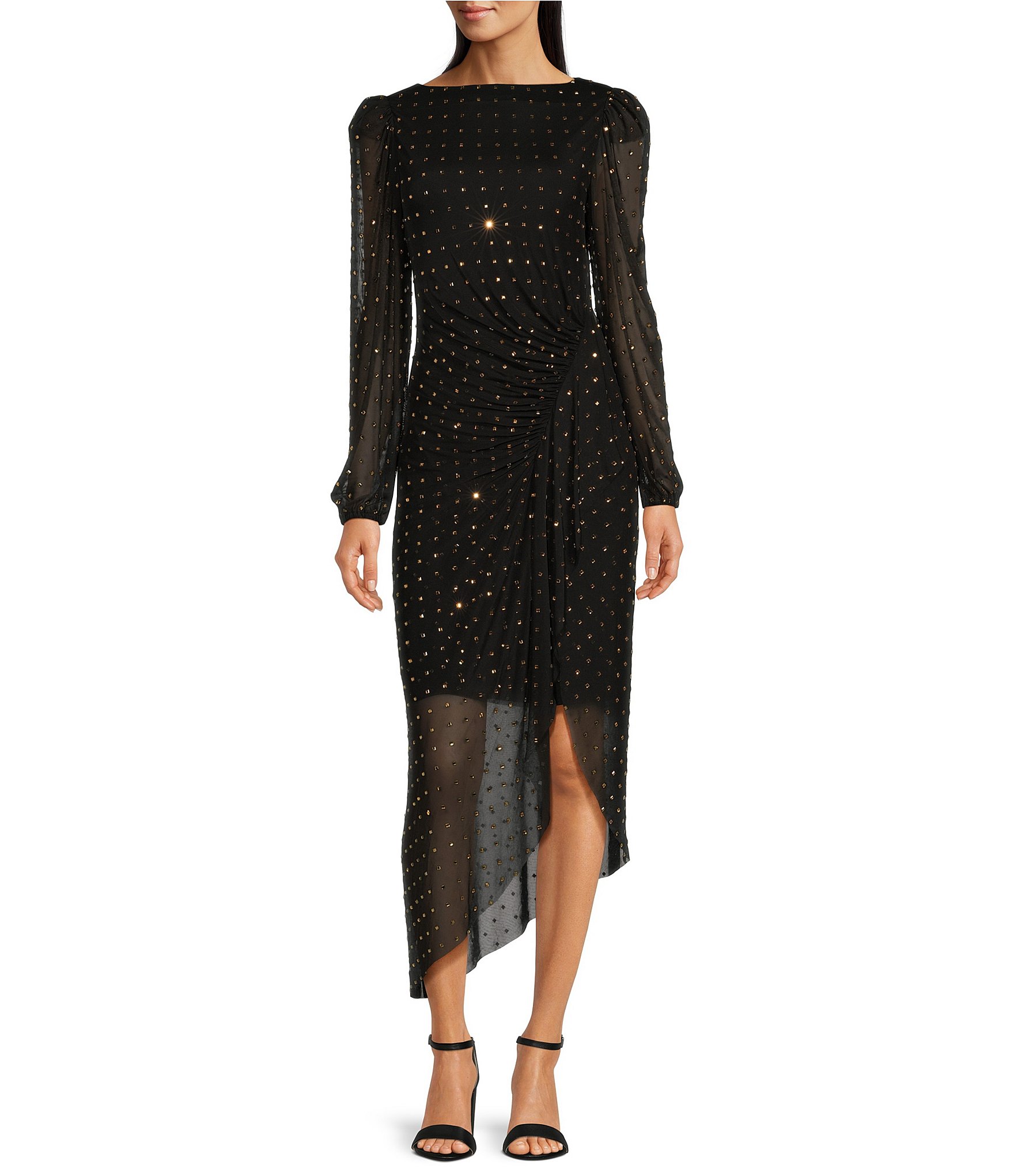 Alex Marie Belle Beaded Mesh High Boat Neck Puff Shoulder Long Sleeve Ruched Waist Asymmetrical Flounce Midi Dress