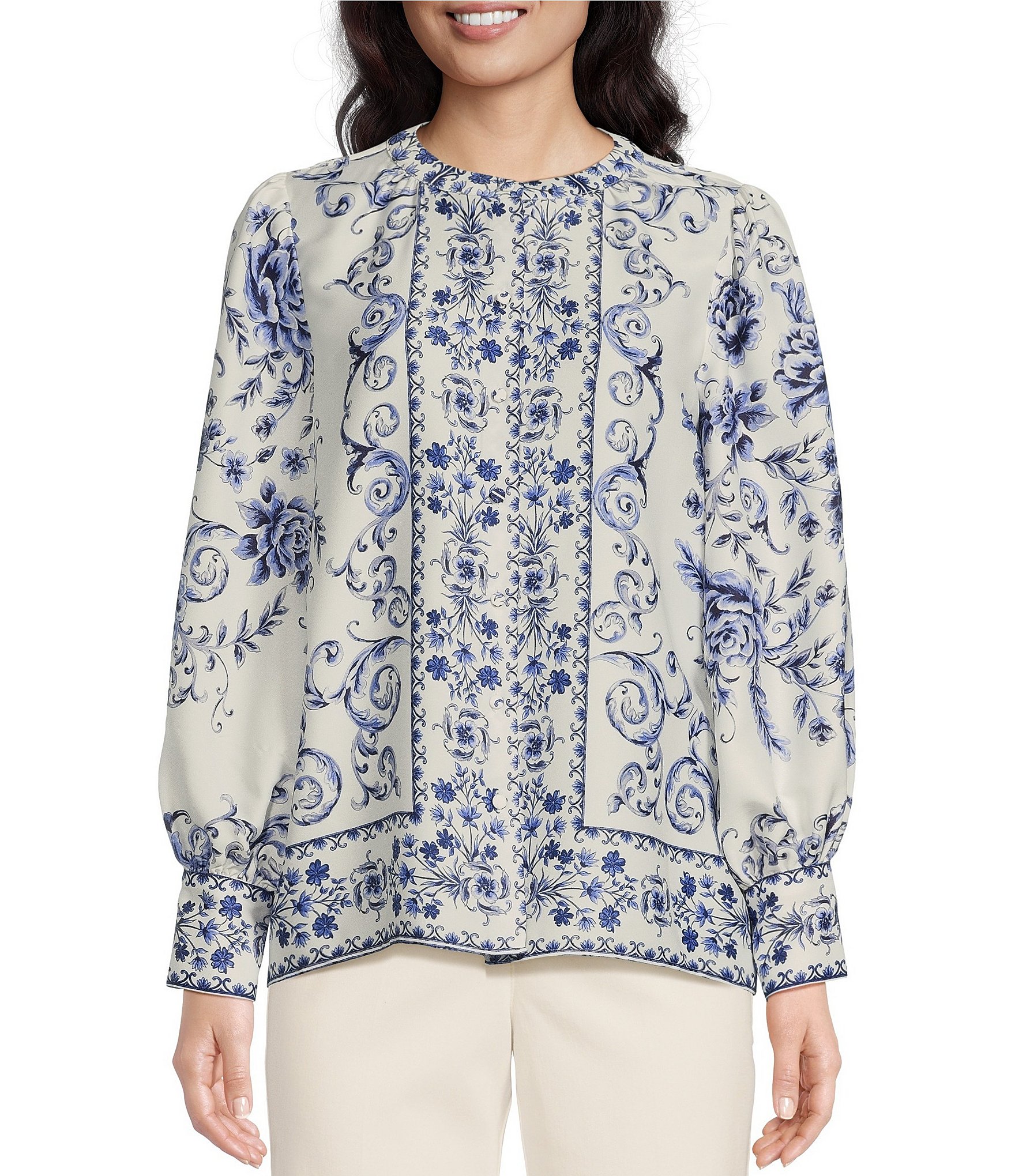 Alex Marie Bianca Floral Printed Satin Crepe Crew Neck Long Sleeve ...