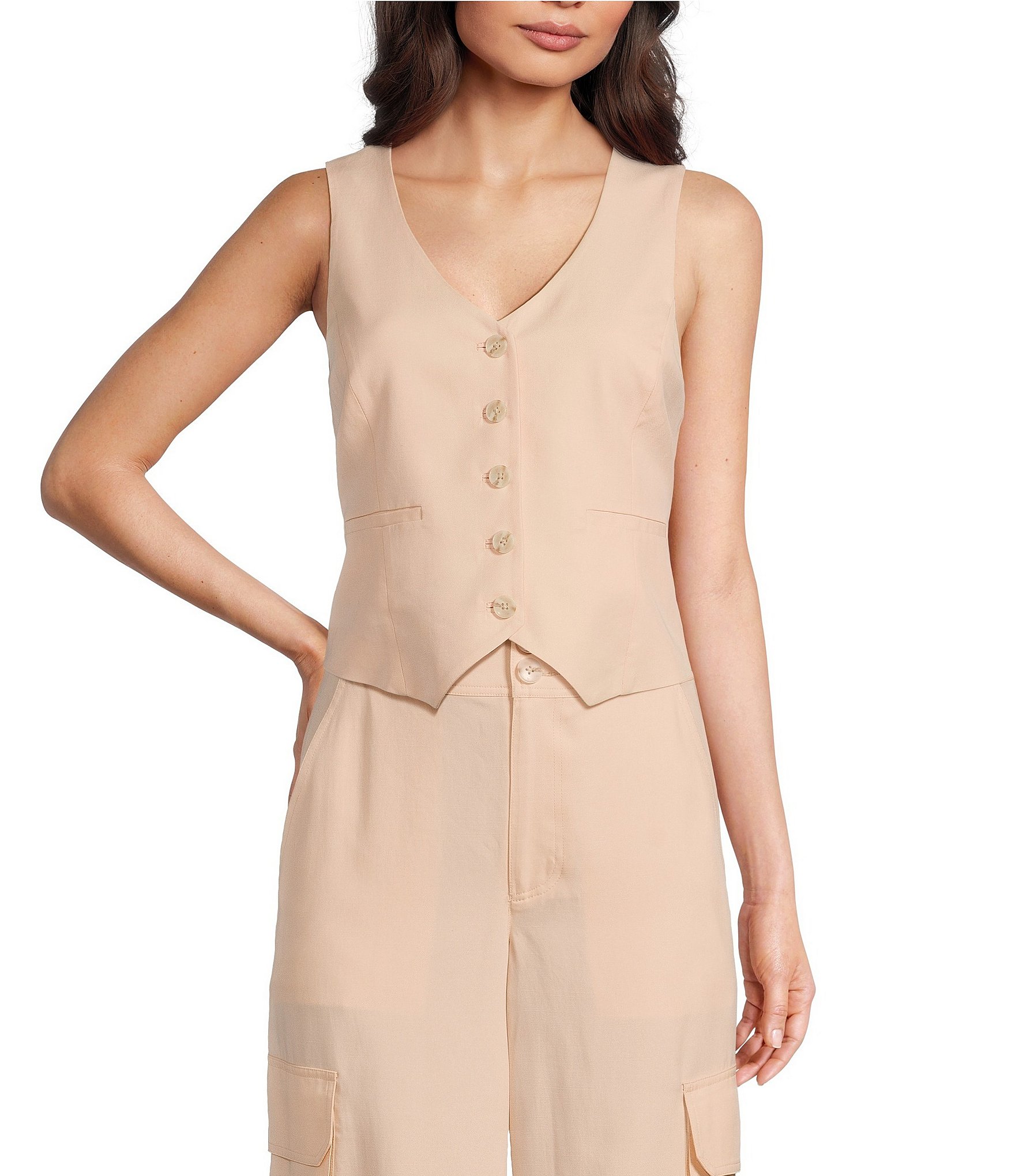 Alex Marie Brooke V-Neck Drapey Linen Blend Button Front