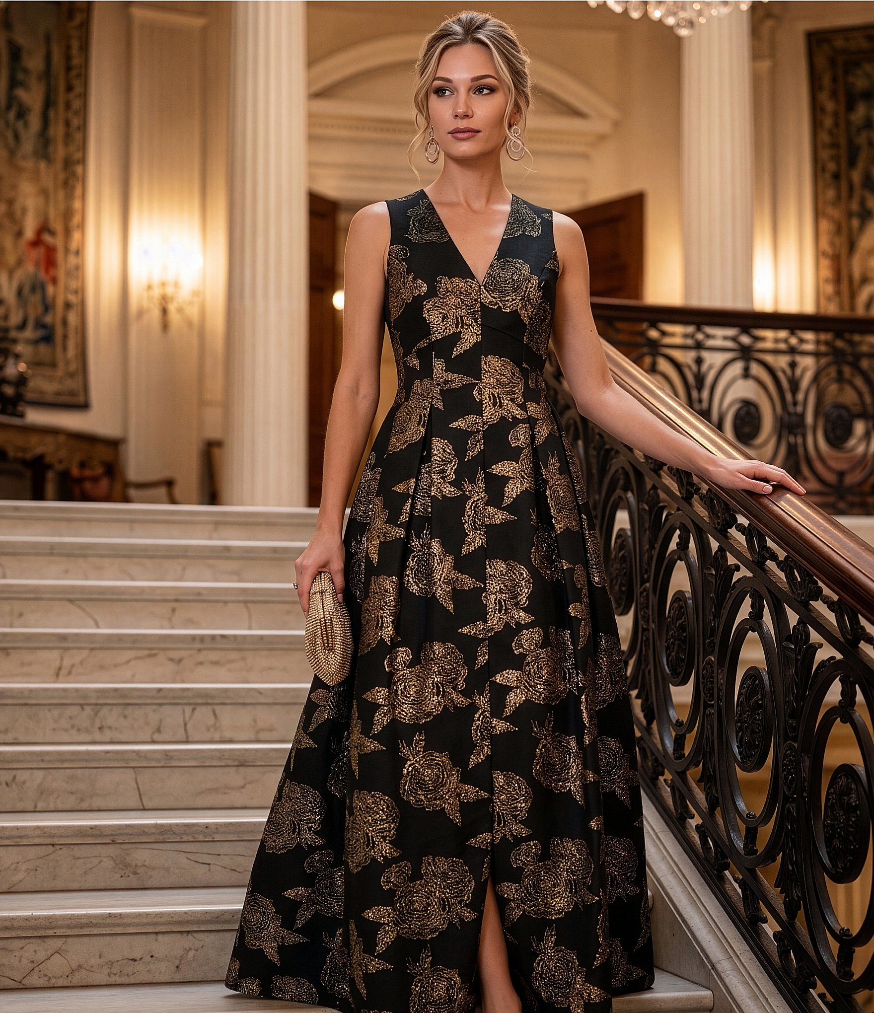 Alex Marie Christine Floral Print Textured Jacquard Sleeveless Gown