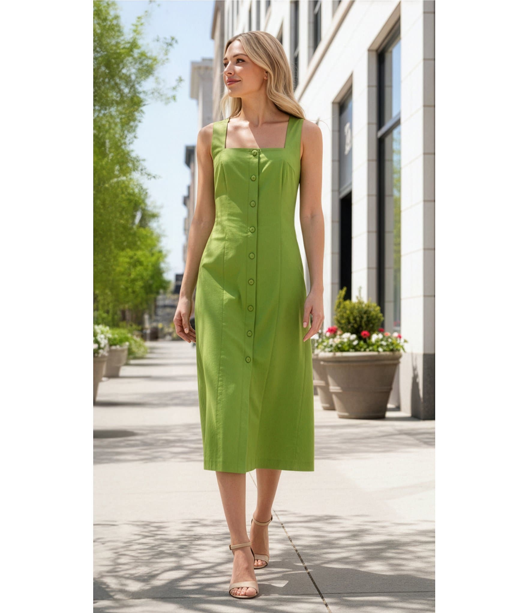 Alex Marie Colette Stretch Linen Blend Straight Neckline Sleeveless Maxi Dress