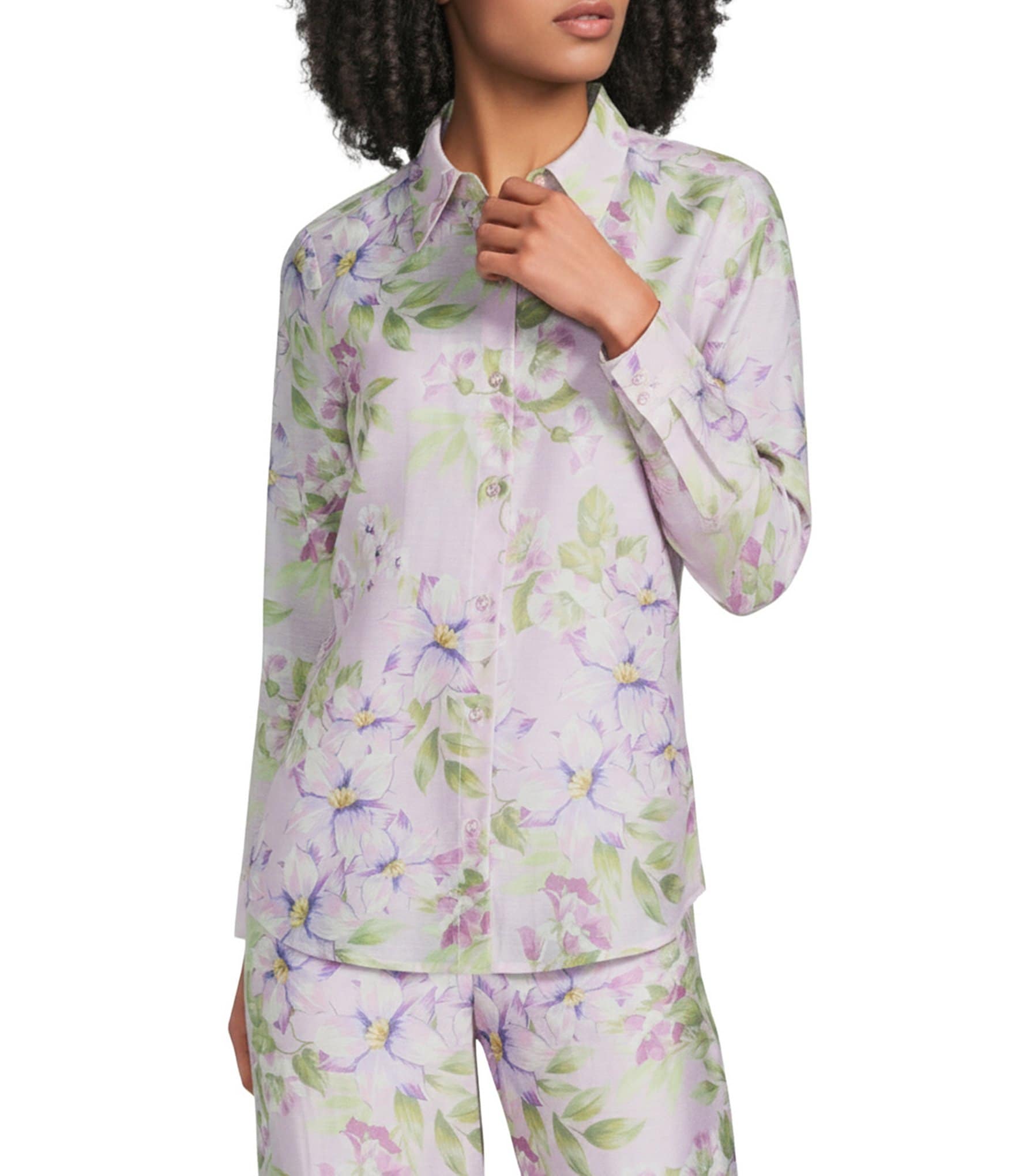 Alex Marie Coordinating Piper Floral Collared Long Sleeve Printed Linen Blend Blouse