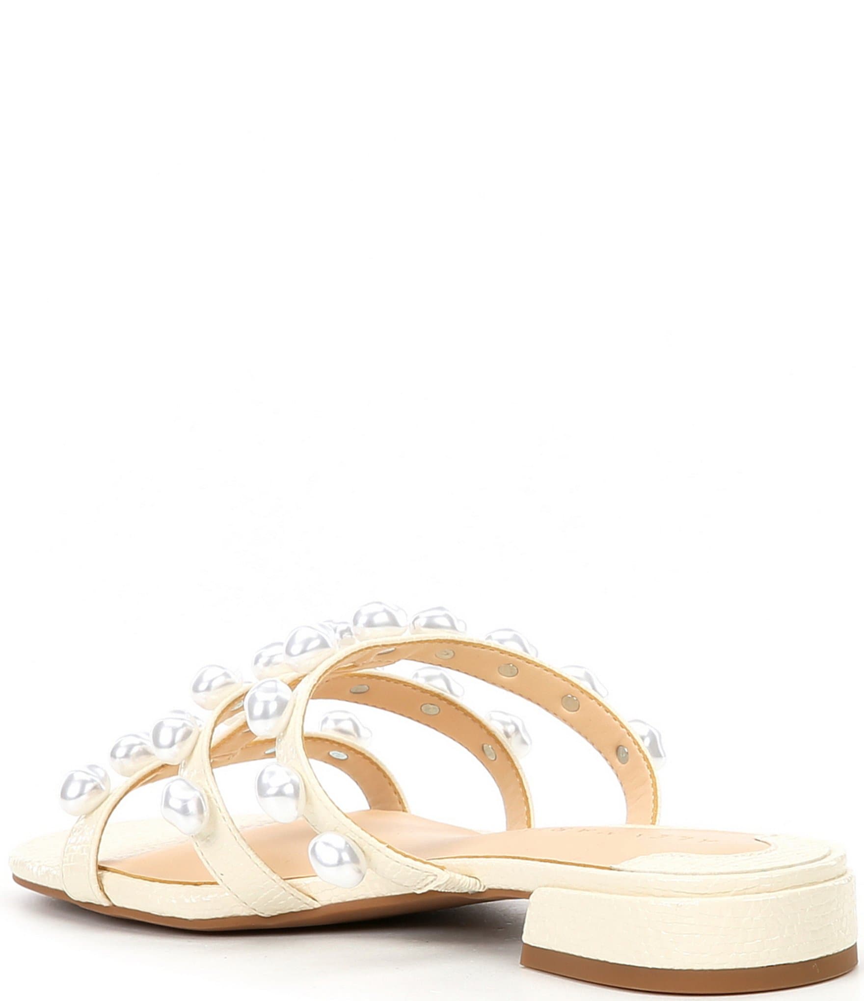 Alex Marie Cyrus Two Embossed Patent T-Strap Pearl Ornamented Slide Sandals