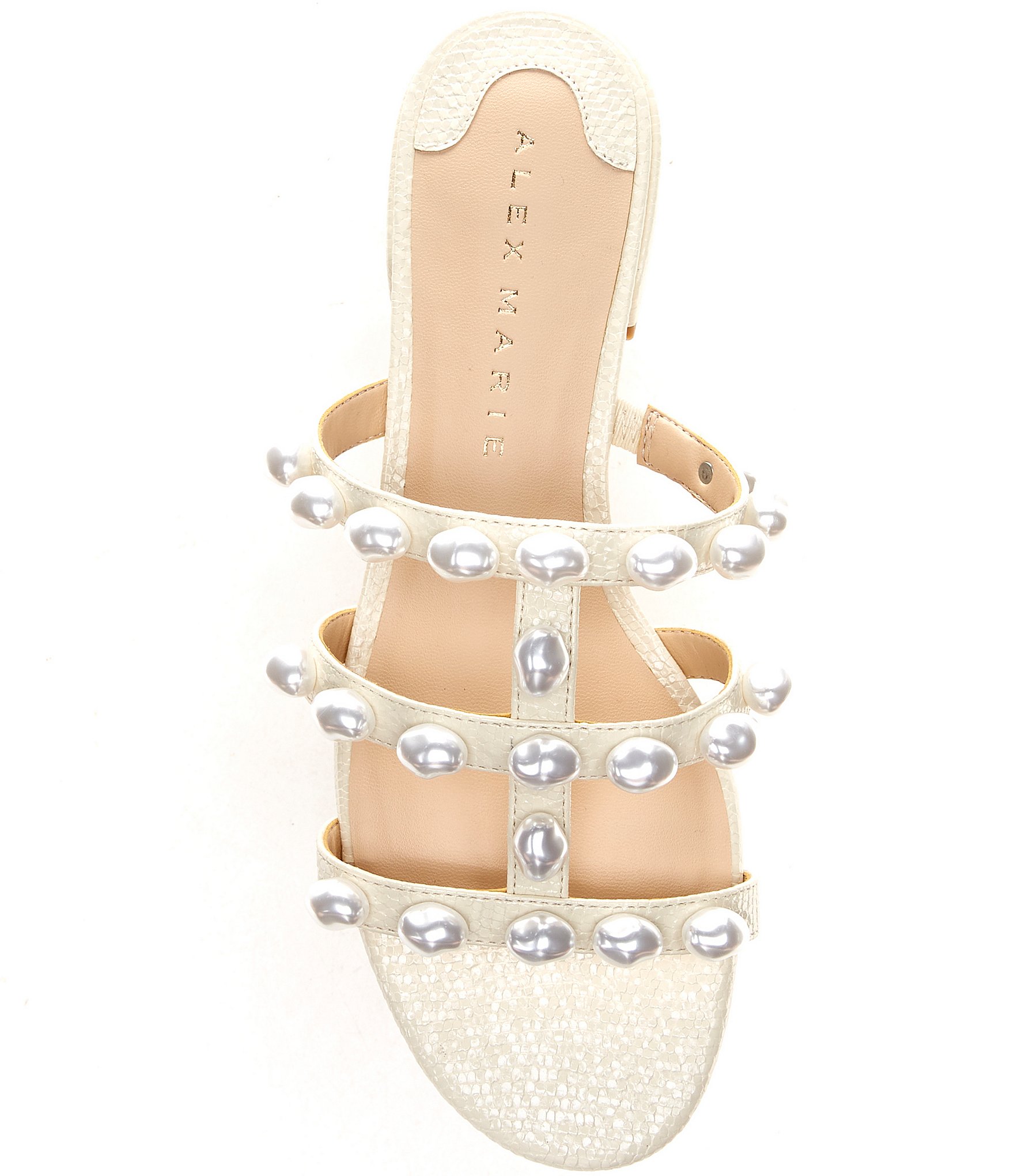 Alex Marie Cyrus Two Embossed Patent T-Strap Pearl Ornamented Slide Sandals