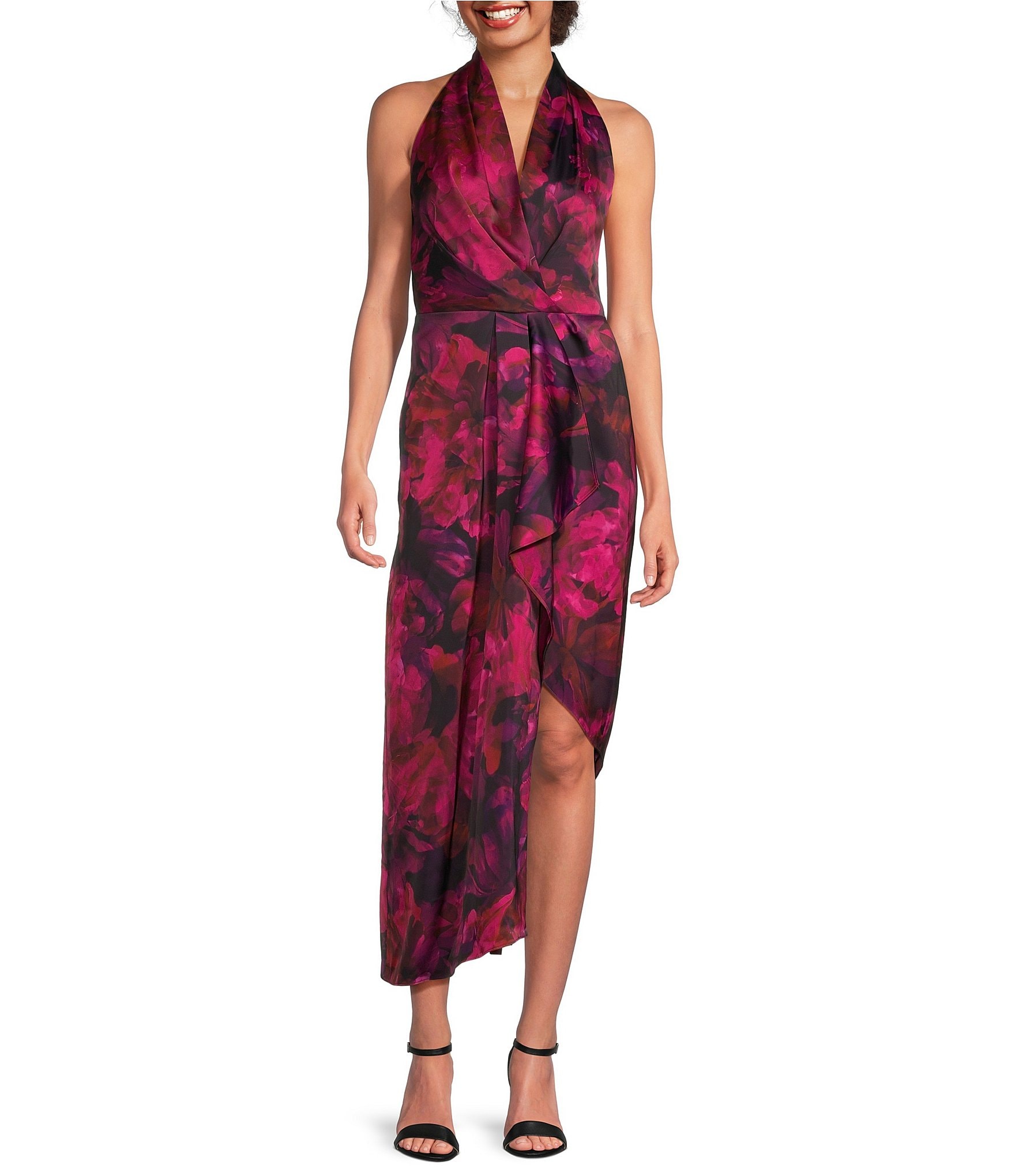 Alex Marie Hazel Surplice V-Neck Sleeveless Satin Print Asymmetrical Hem  Midi Dress | Dillard's