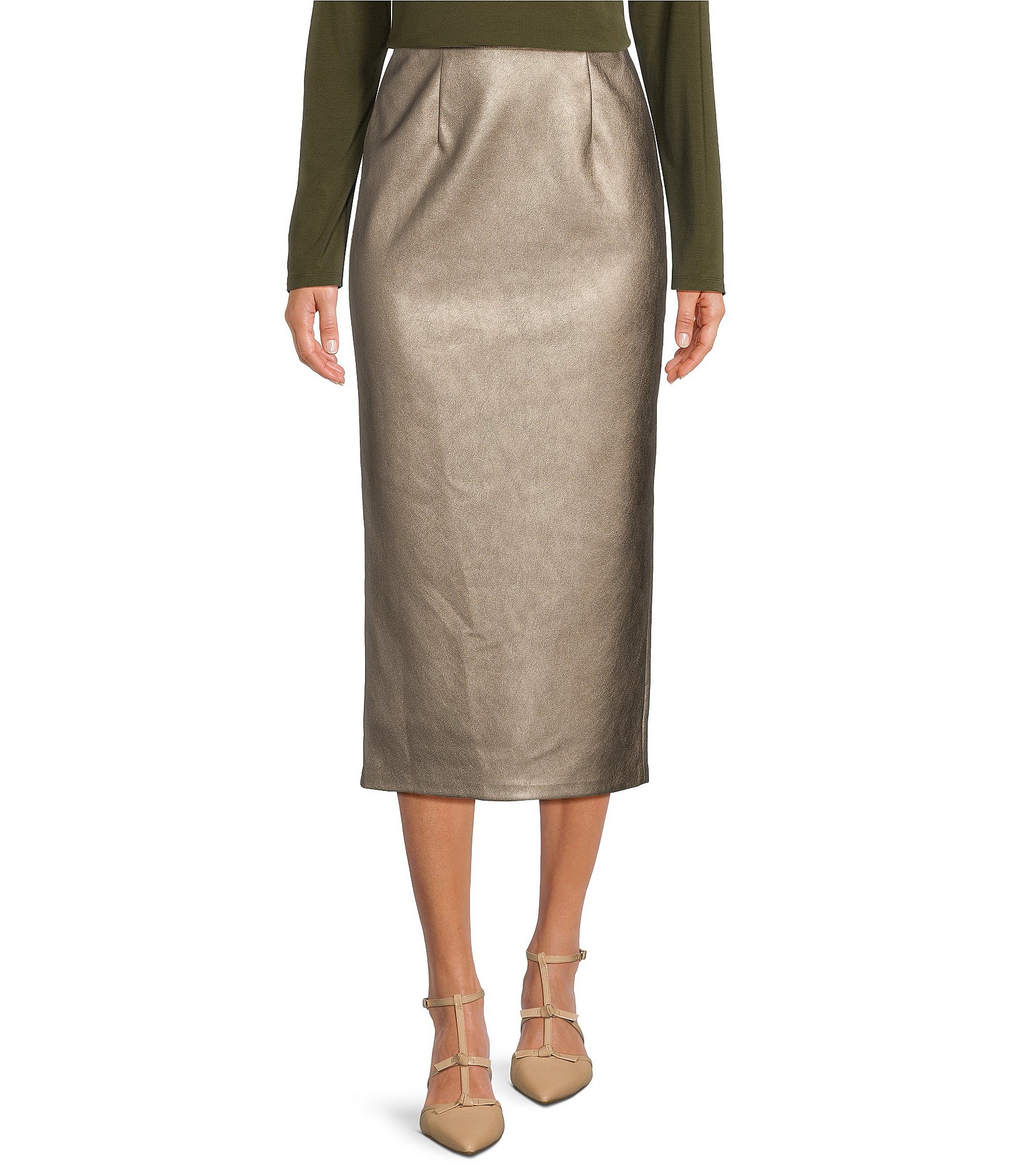 Alex Marie Jenna Faux Suede Coated Metallic High Rise Pencil Midi Skirt