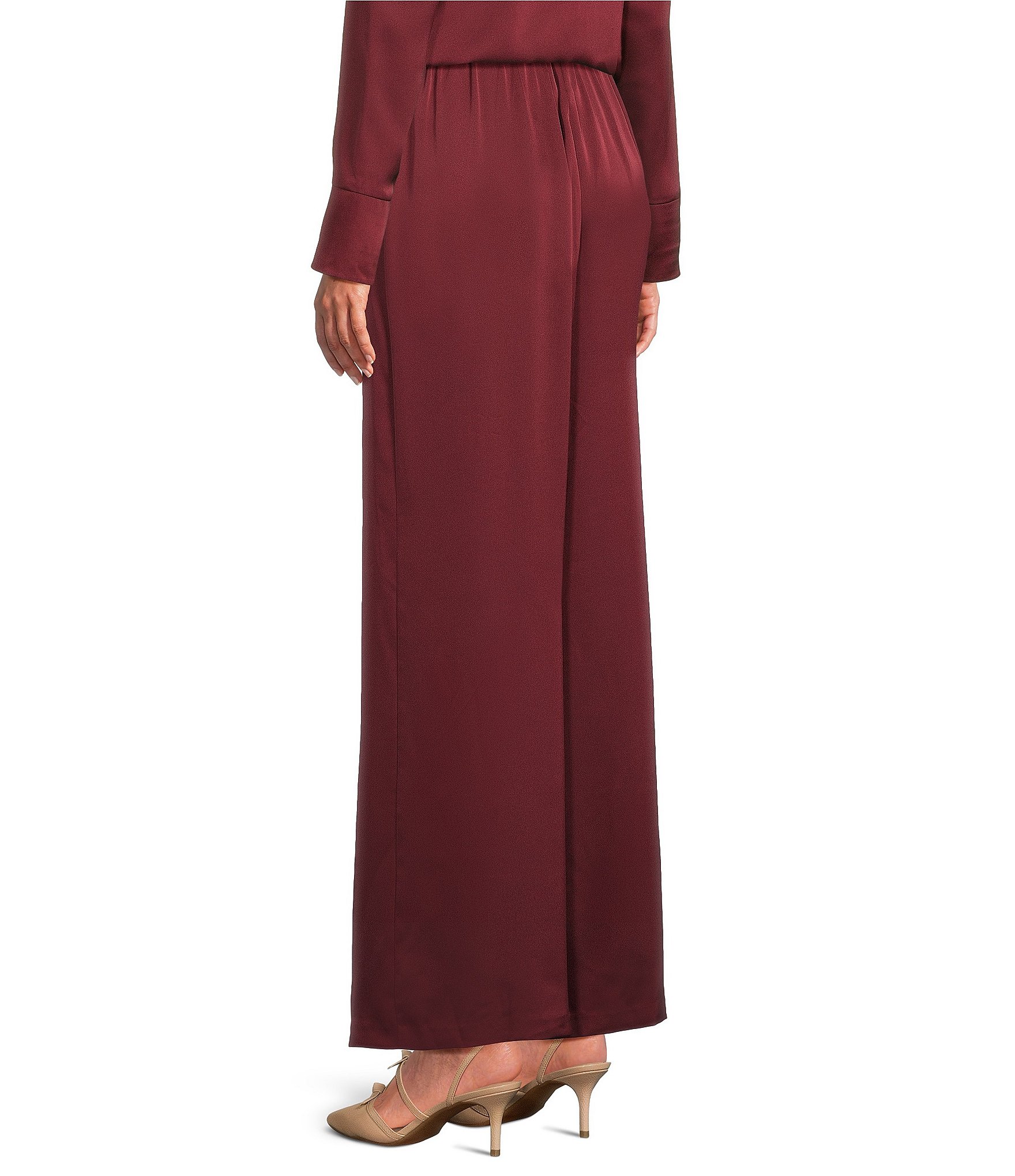 Alex Marie Kristen Stretch Satin Flat Front Full Length Wide Leg Pants