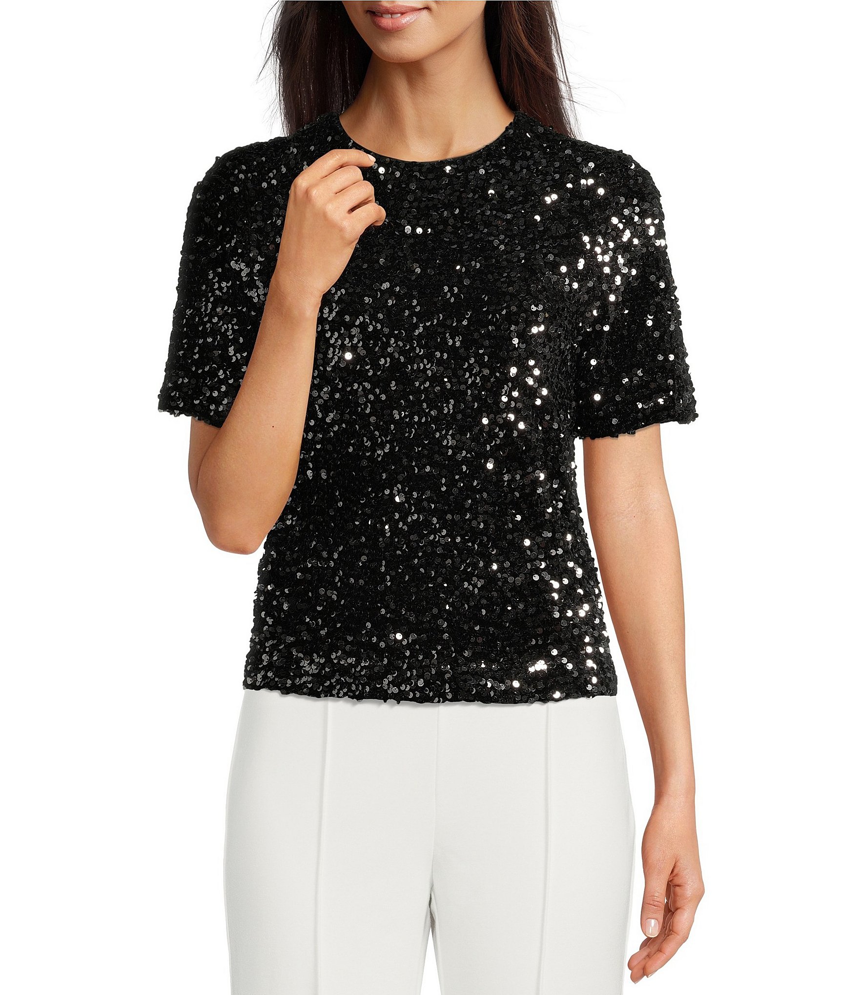 Alex Marie Lia Sequin Crew Neck Short Sleeve Velvet Blouse | Dillard's