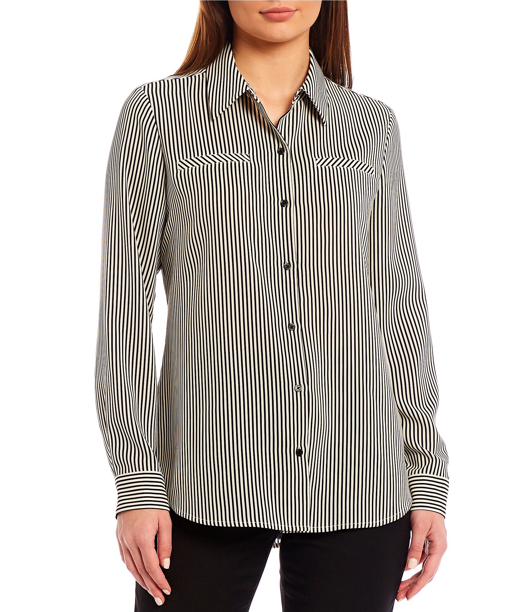 Alex Marie Piper Crepe De Chine Stripe Point Collar Long Sleeve Button