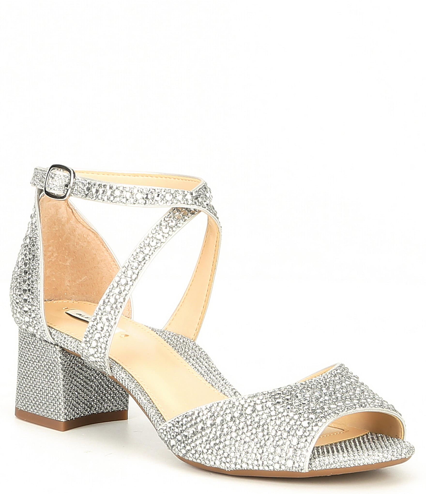 SILVER METALLIC PEEP TOE LOW HEELED BLOCK HEELS ANKLE STRAP STRAPPY SANDALS SIZE 