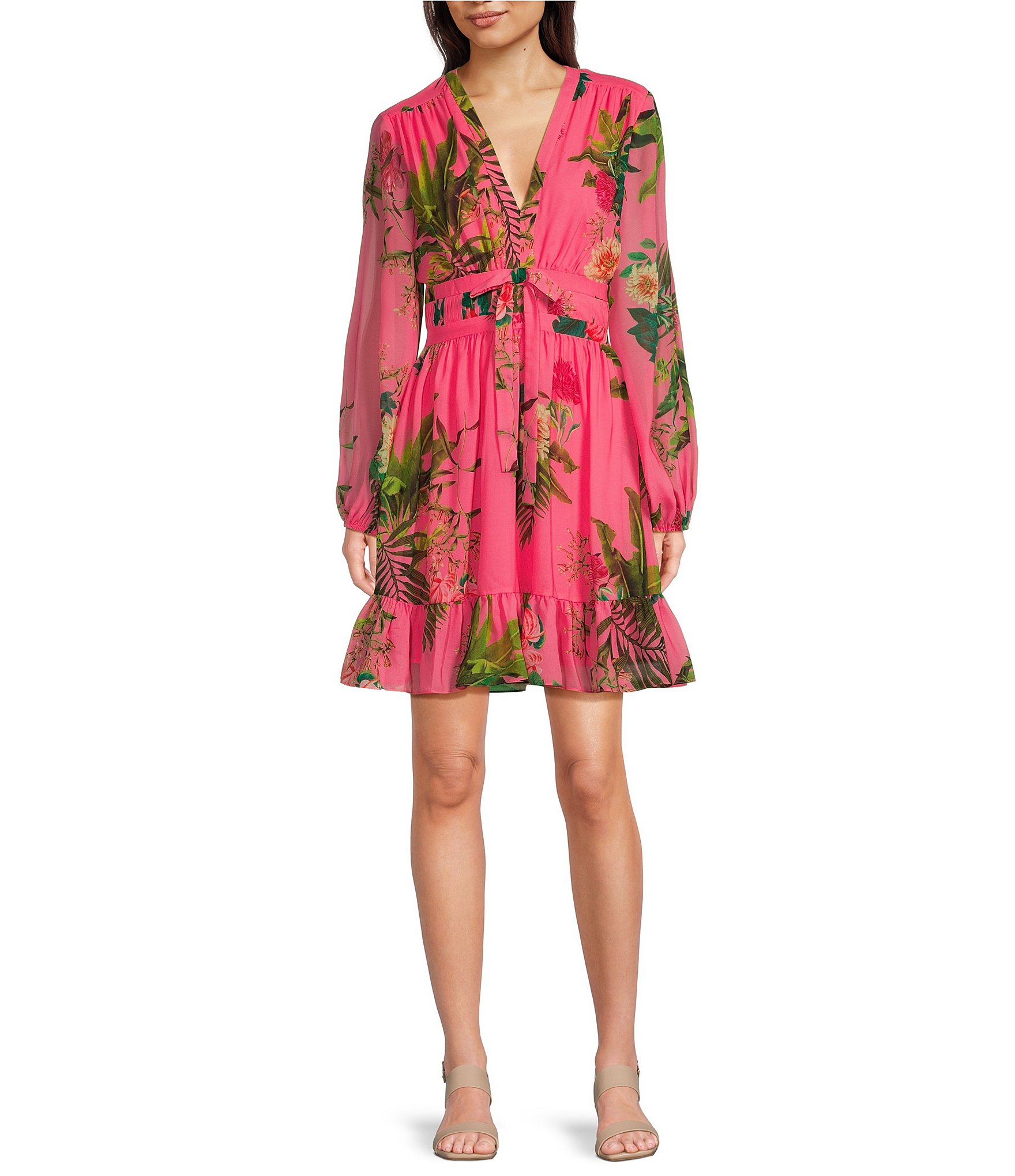 Alex Marie Shannon Tropical Floral Printed Chiffon Long Balloon Sleeve  V-Neck Bow Waist Detail Ruffle Hem A-Line Dress | Dillard's