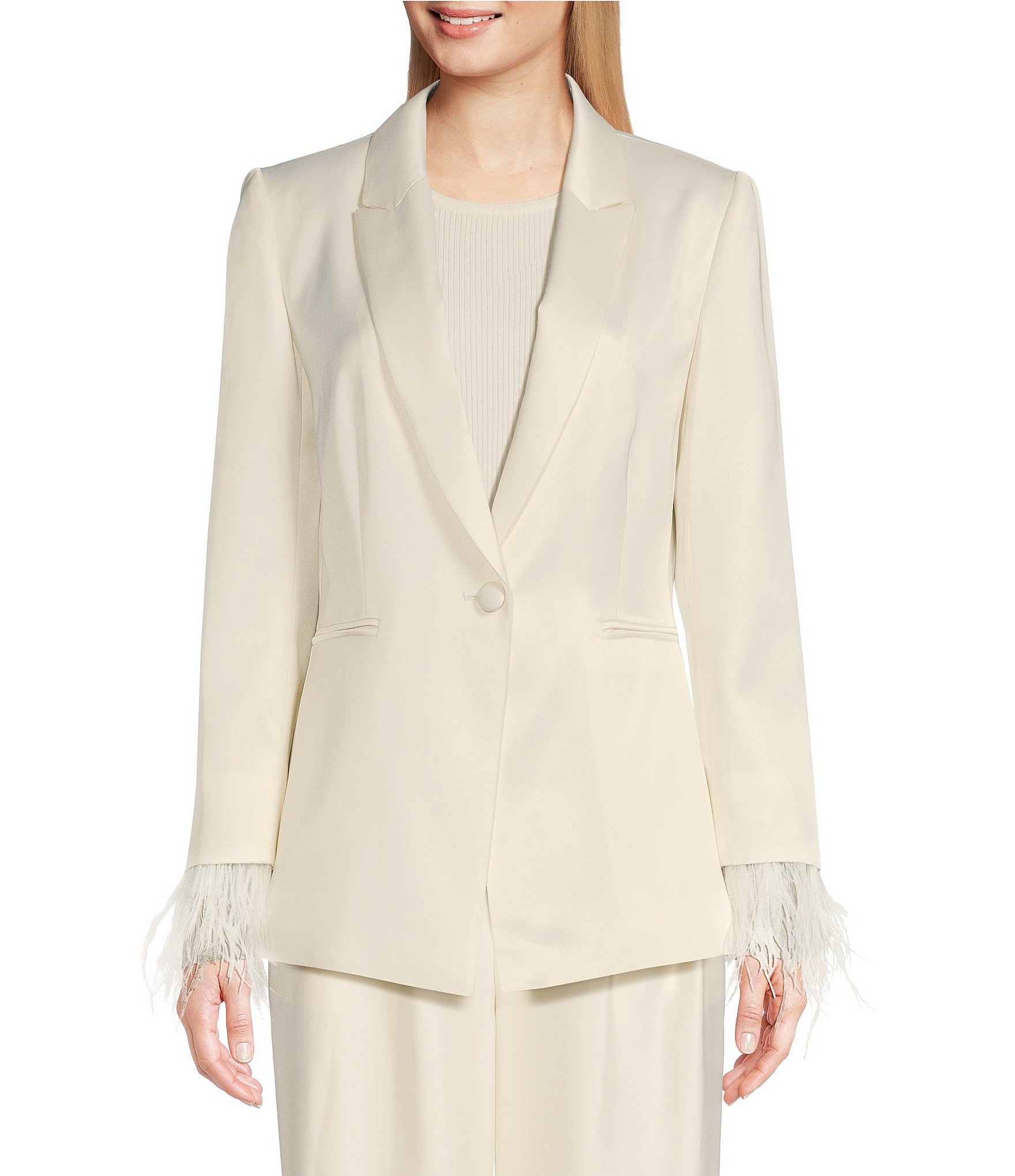 Alex Marie Sierra Satin Faux Feather Trim Peak Lapel Coordinating