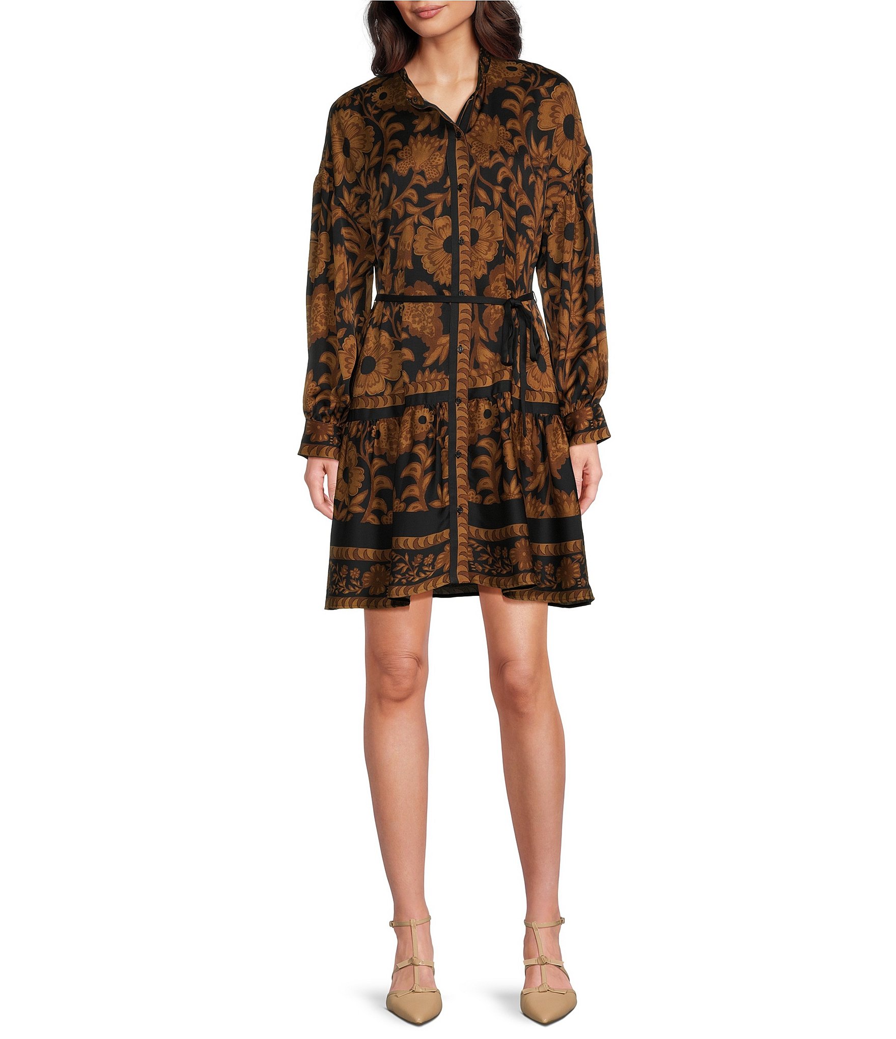 Alex Marie Wren Satin Crepe Brown Floral Banded Collar Long Sleeve Tie Waist A-Line Button Front Dress