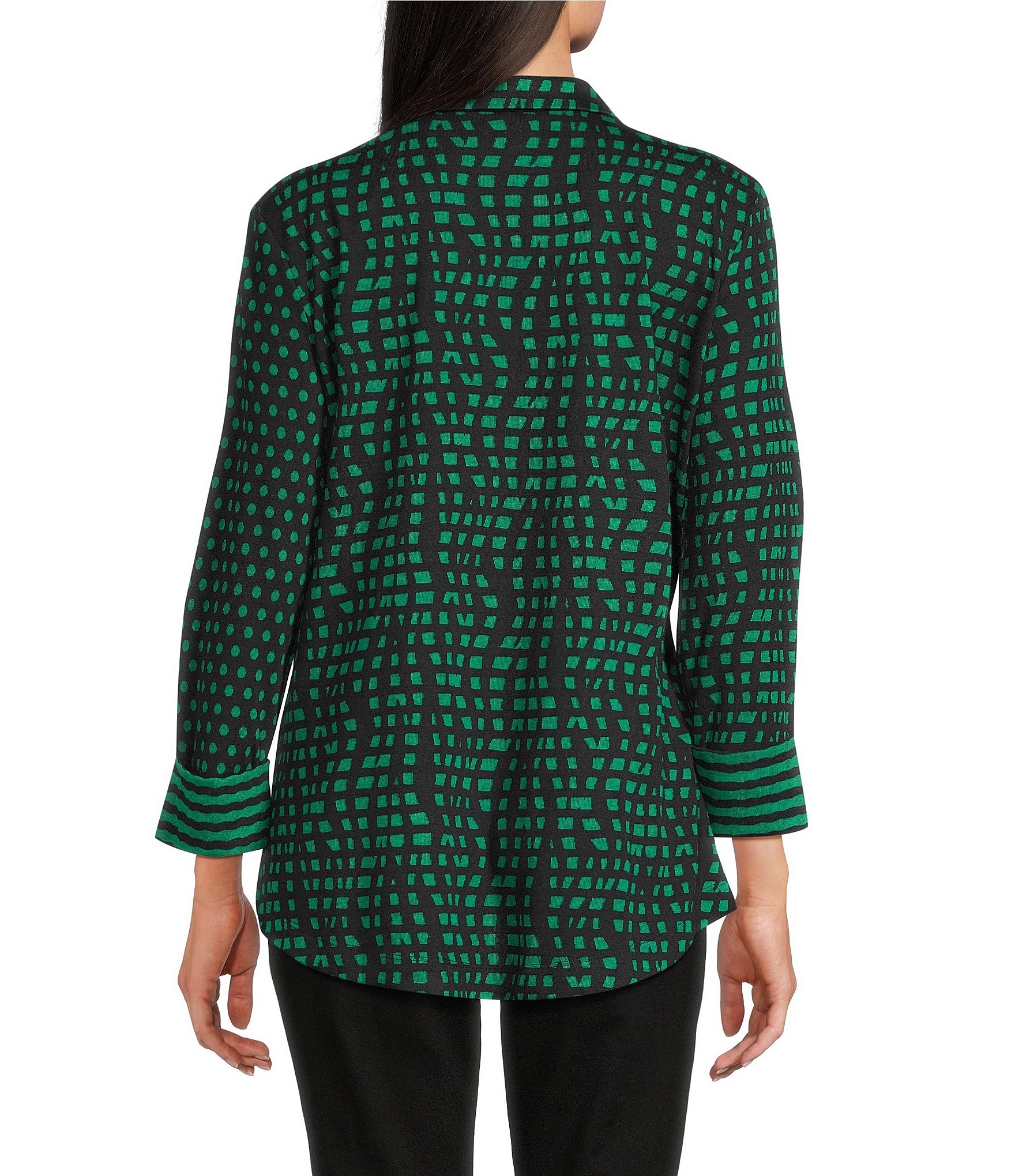 Ali Miles Abstract Dotted Mock Neck Elbow Sleeve Zip-Front Tunic