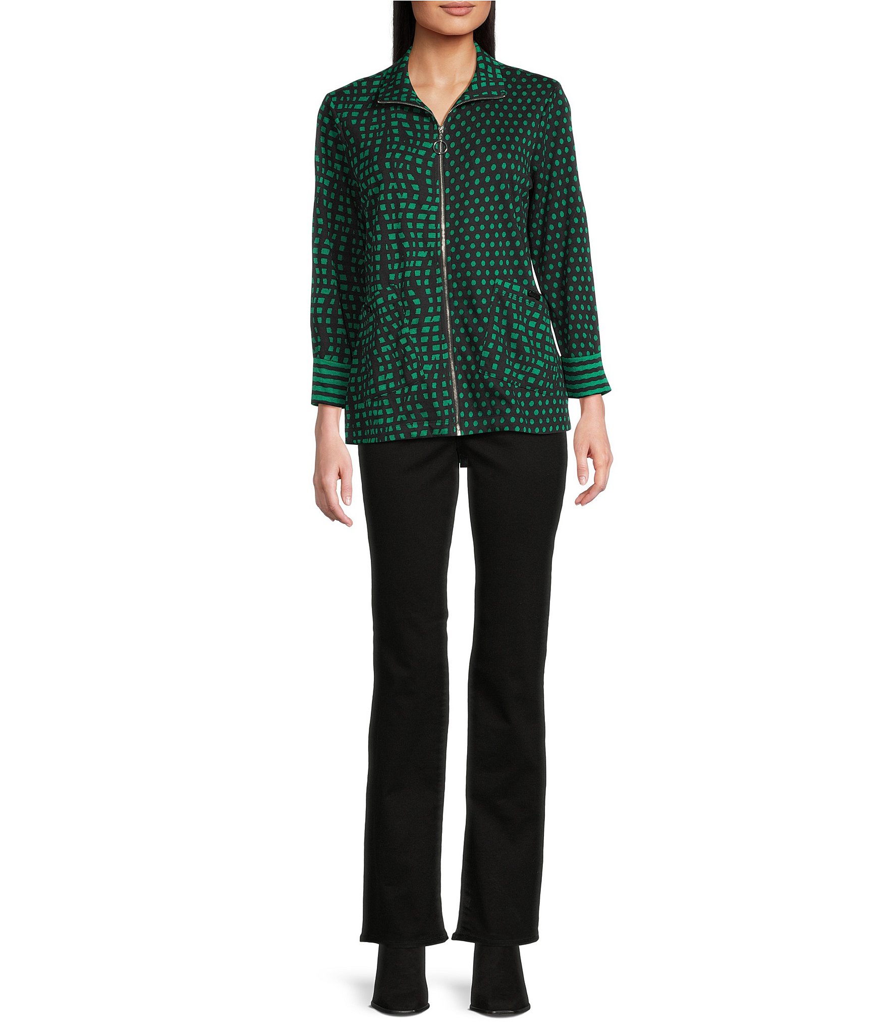 Ali Miles Abstract Dotted Mock Neck Elbow Sleeve Zip-Front Tunic