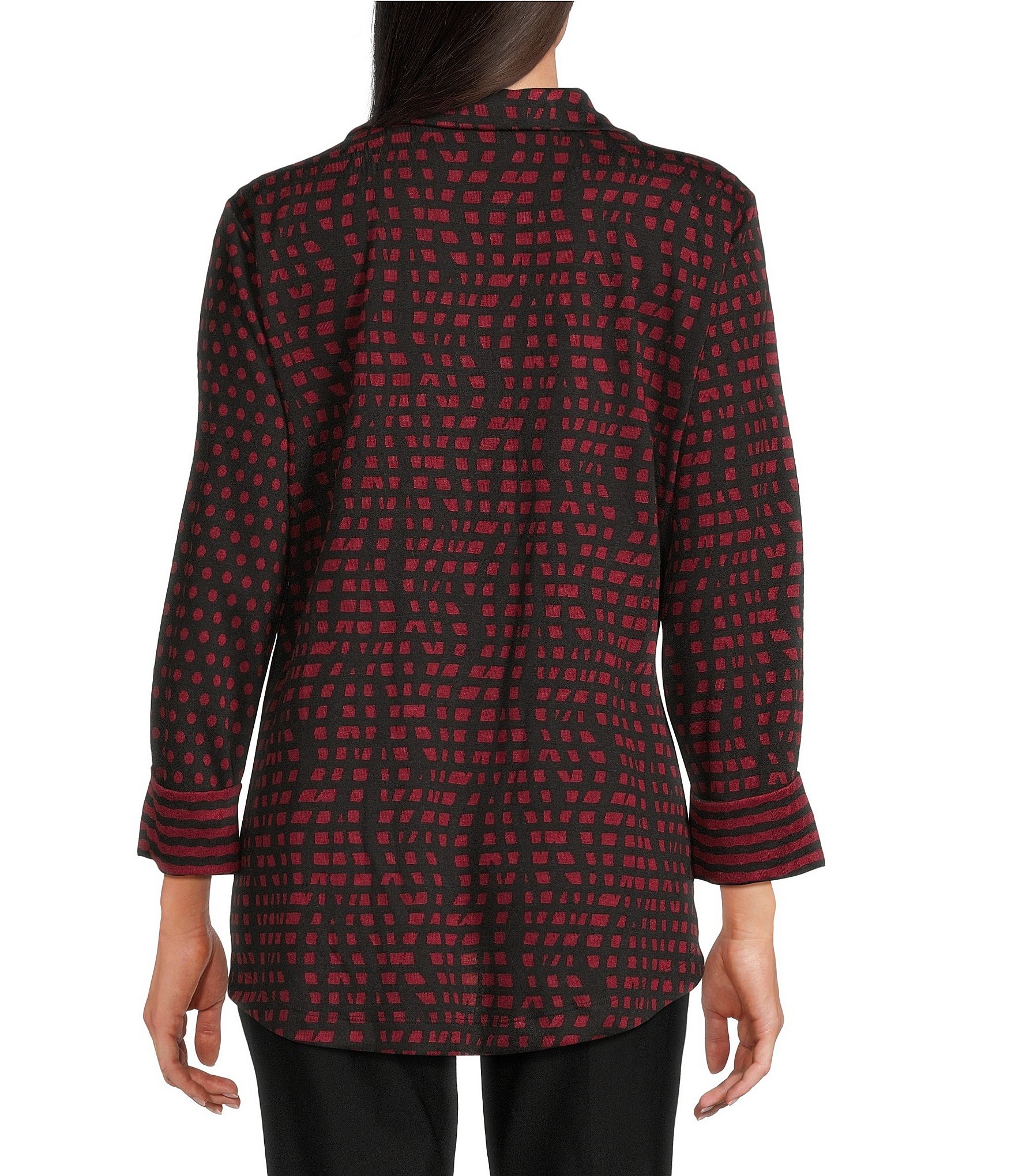 Ali Miles Abstract Dotted Mock Neck Elbow Sleeve Zip-Front Tunic