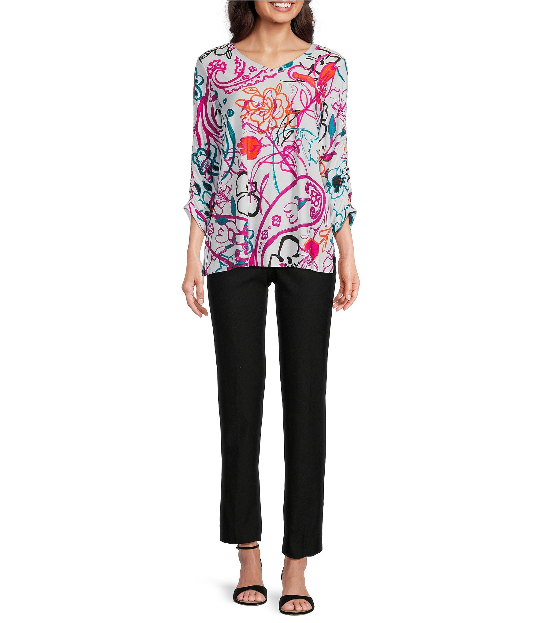Ali Miles Abstract Floral V-Neck 3/4 Cinch Sleeve Tunic