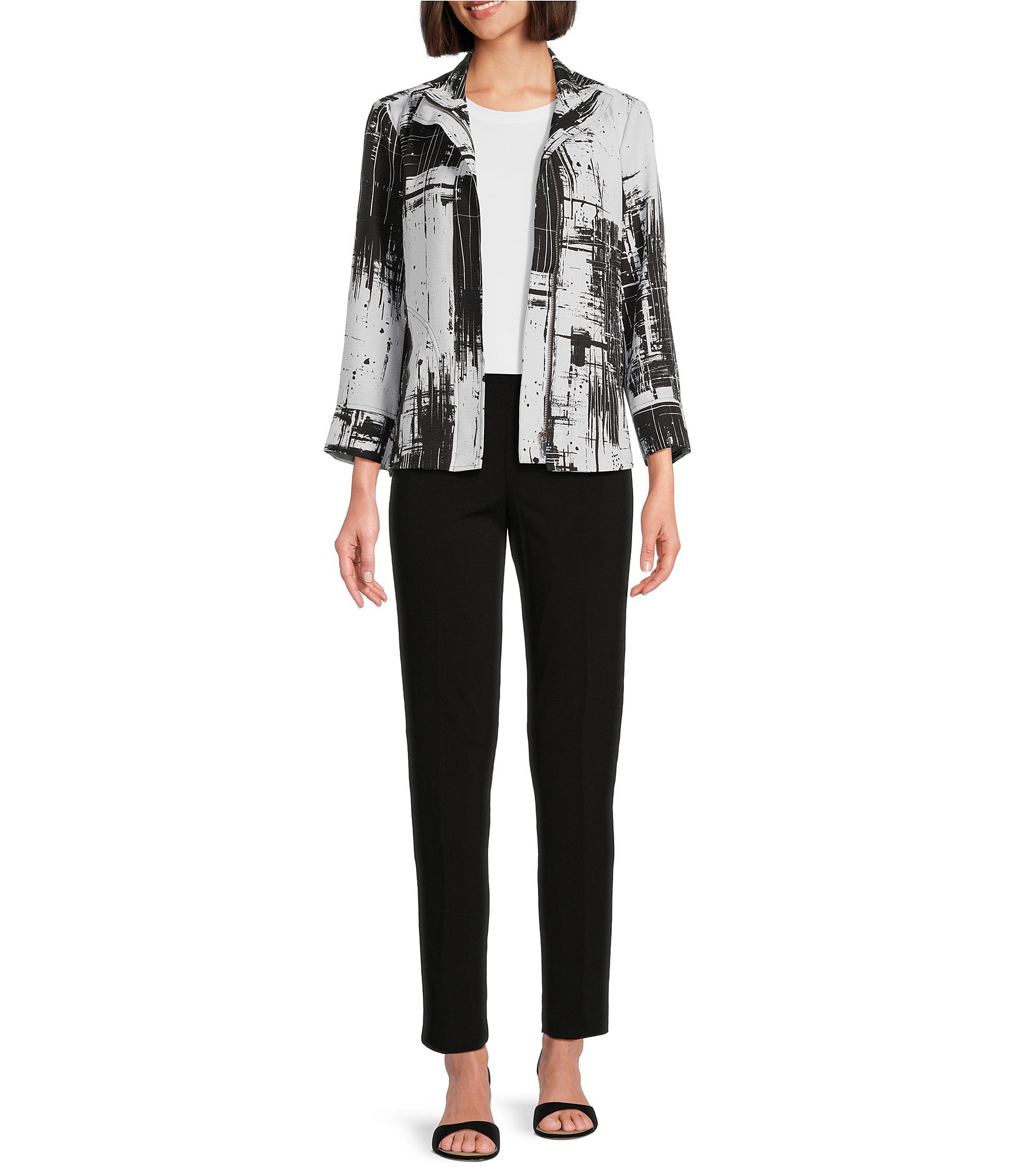 Ali Miles Abstract Print Soft Collar 3/4 Sleeve Zip-Up Jacket
