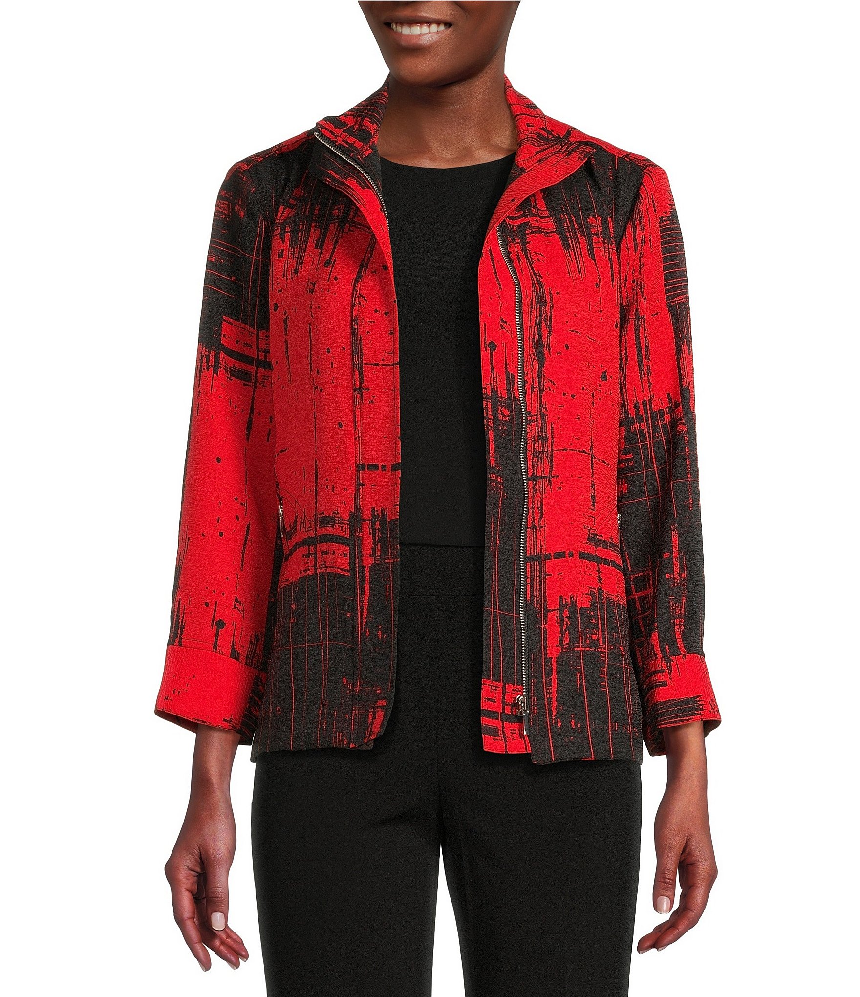 Ali Miles Abstract Print Soft Collar 3/4 Sleeve Zip-Up Jacket