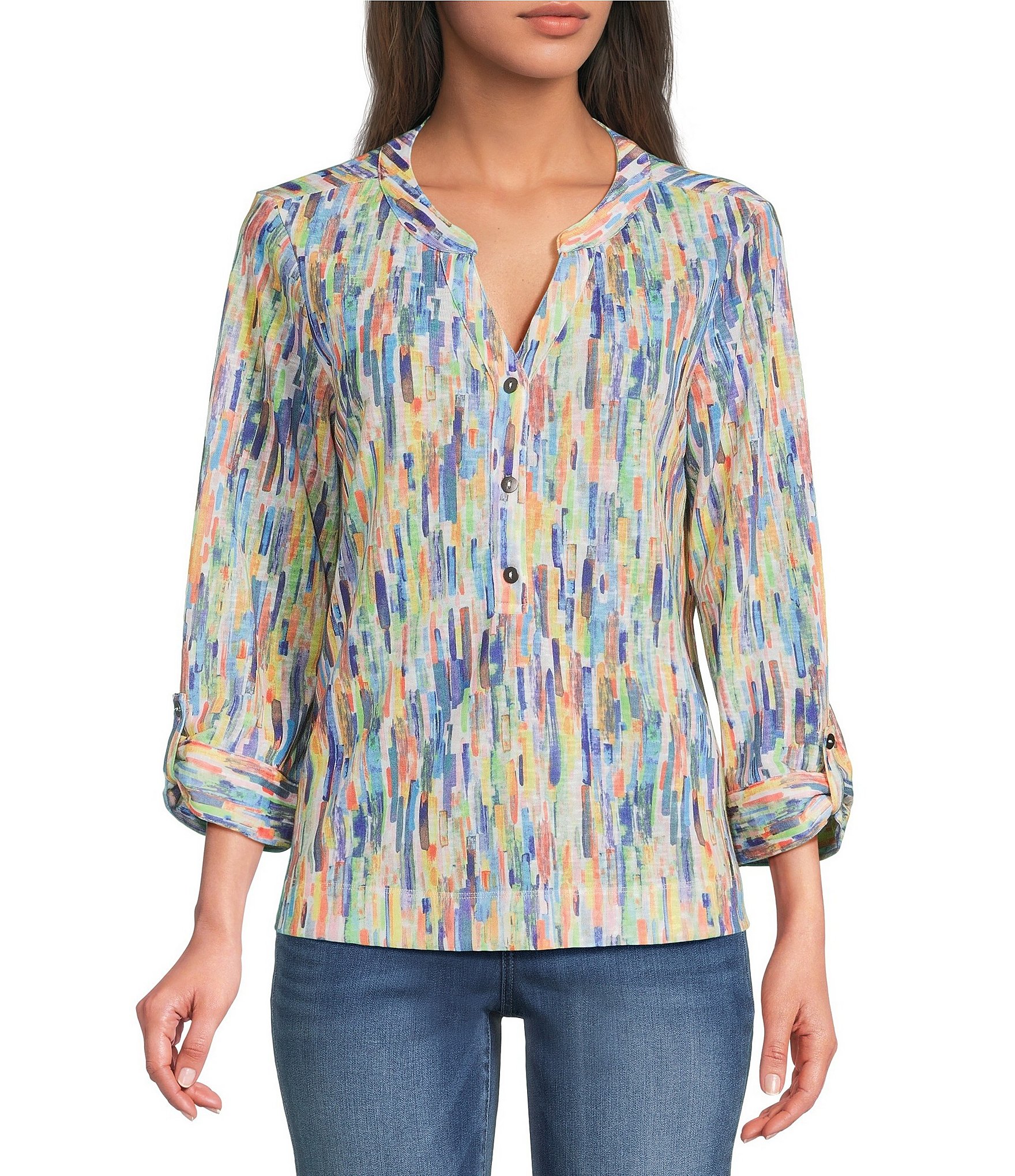 Ali Miles Abstract Print Split V-Neck 3/4 Roll-Tab Sleeve Tunic