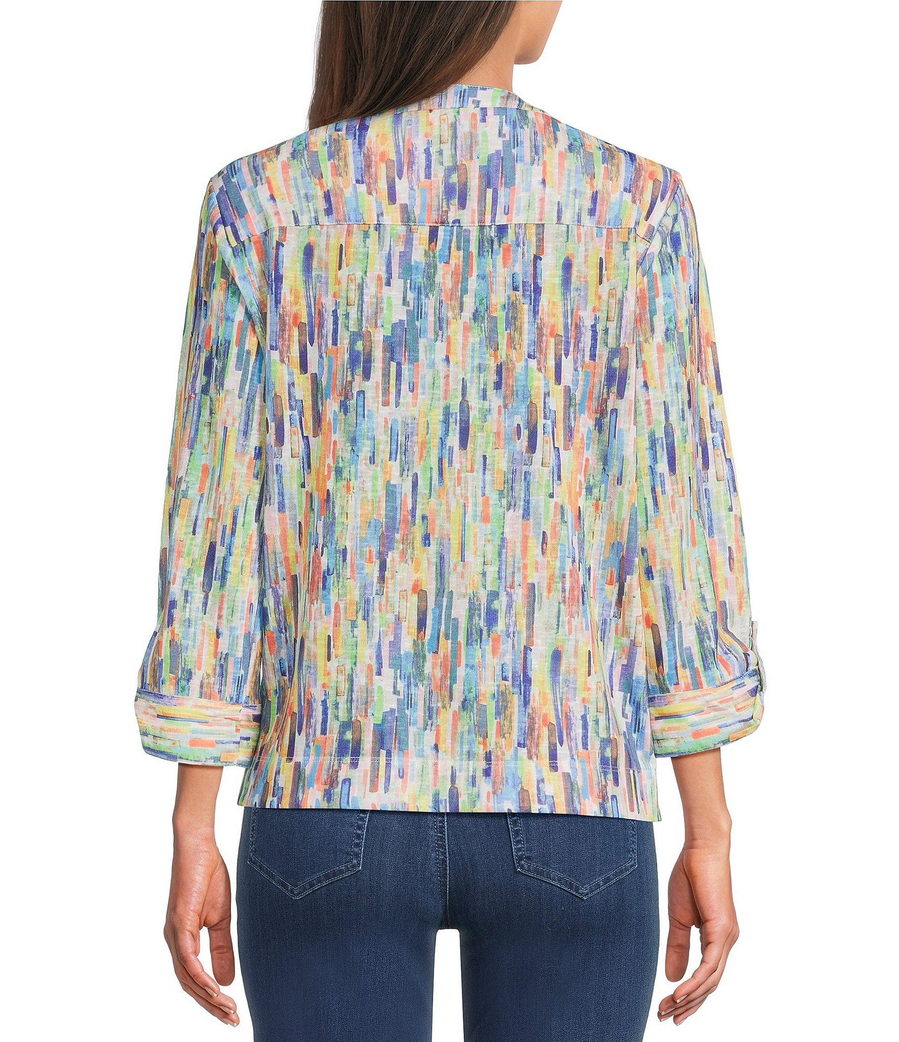 Ali Miles Abstract Print Split V-Neck 3/4 Roll-Tab Sleeve Tunic