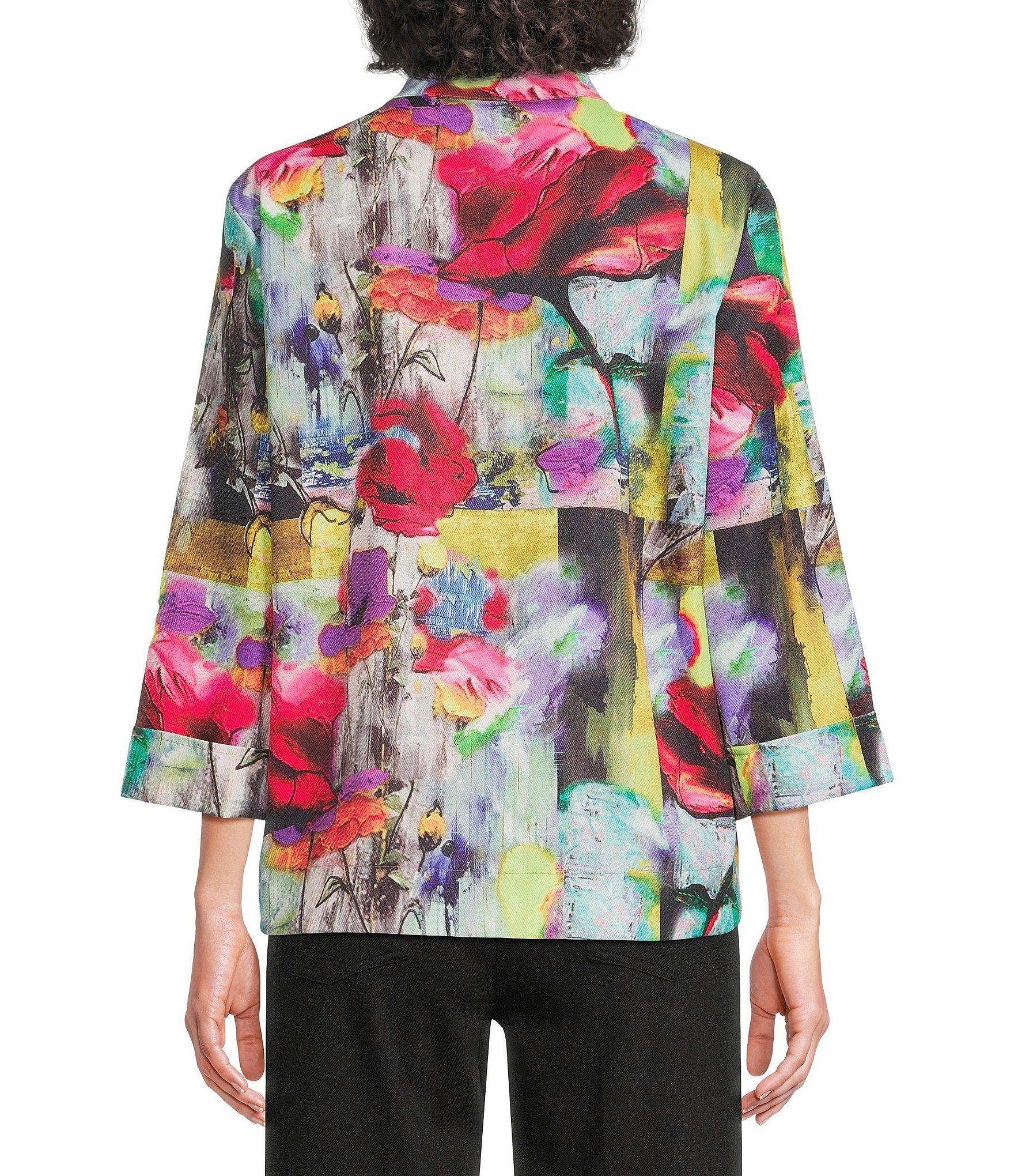 Ali Miles Abstract Print Stand Collar 3/4 Sleeve Button Front Jacket