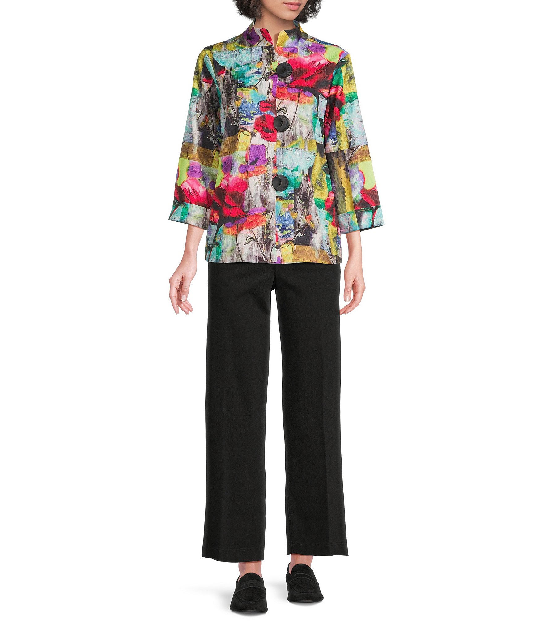 Ali Miles Abstract Print Stand Collar 3/4 Sleeve Button Front Jacket