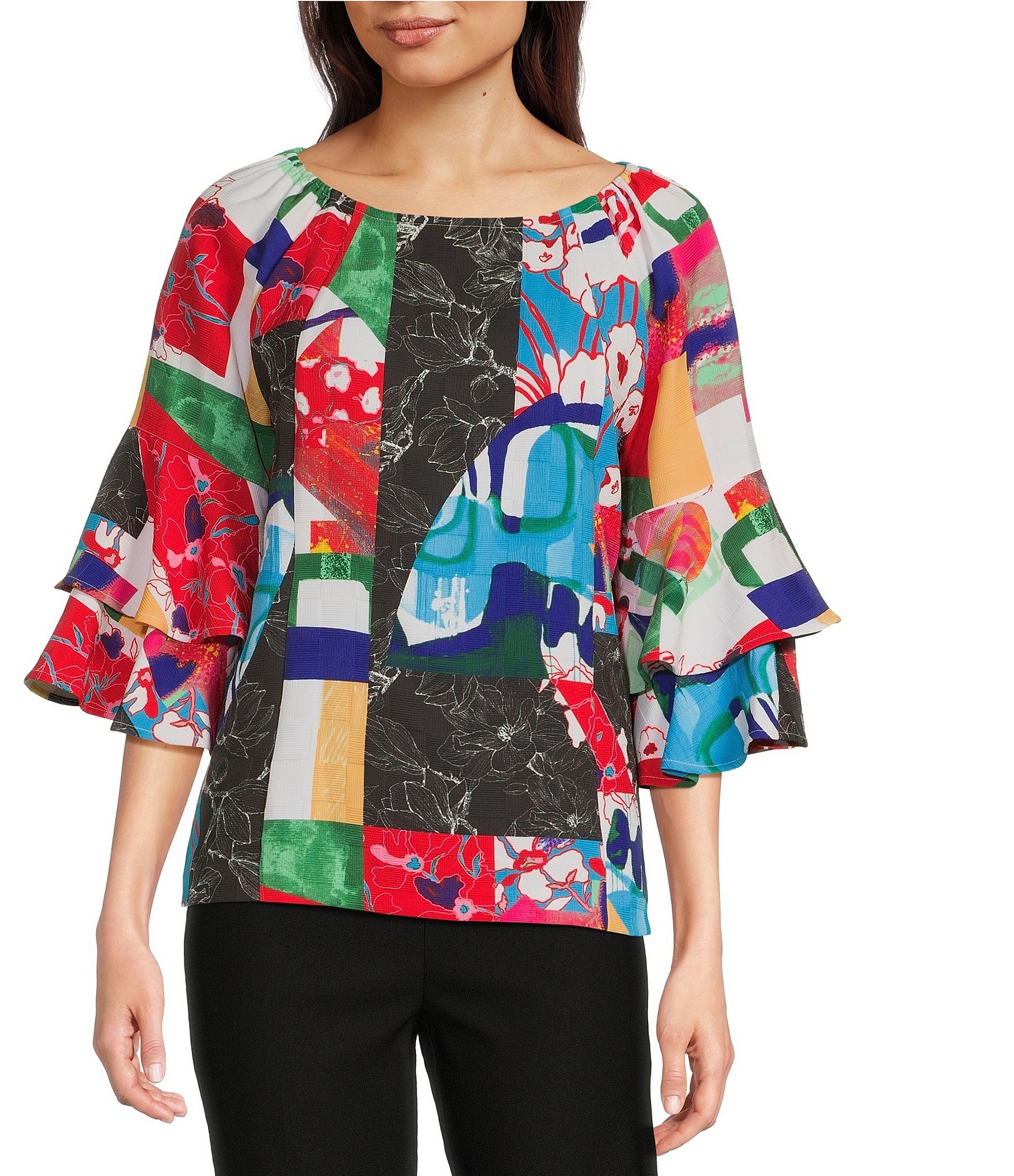 Ali Miles Abstract Round Neck Double Ruffle 3/4 Sleeve Tunic Ali Miles Abstract Round Neck Double Ruffle 3/4 Sleeve Tunic