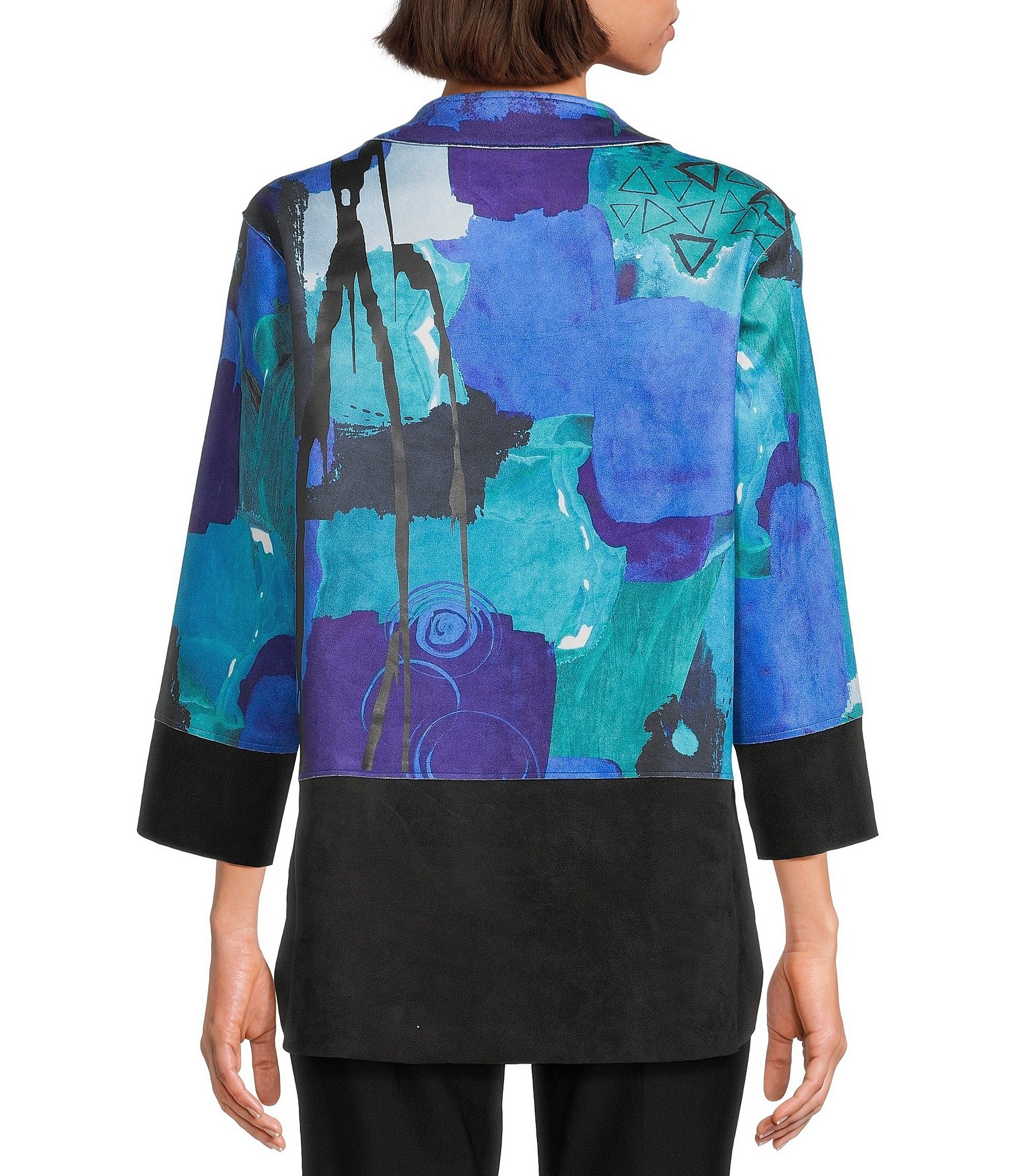 Ali Miles Faux Suede Abstract 3/4 Sleeve Button Front Jacket