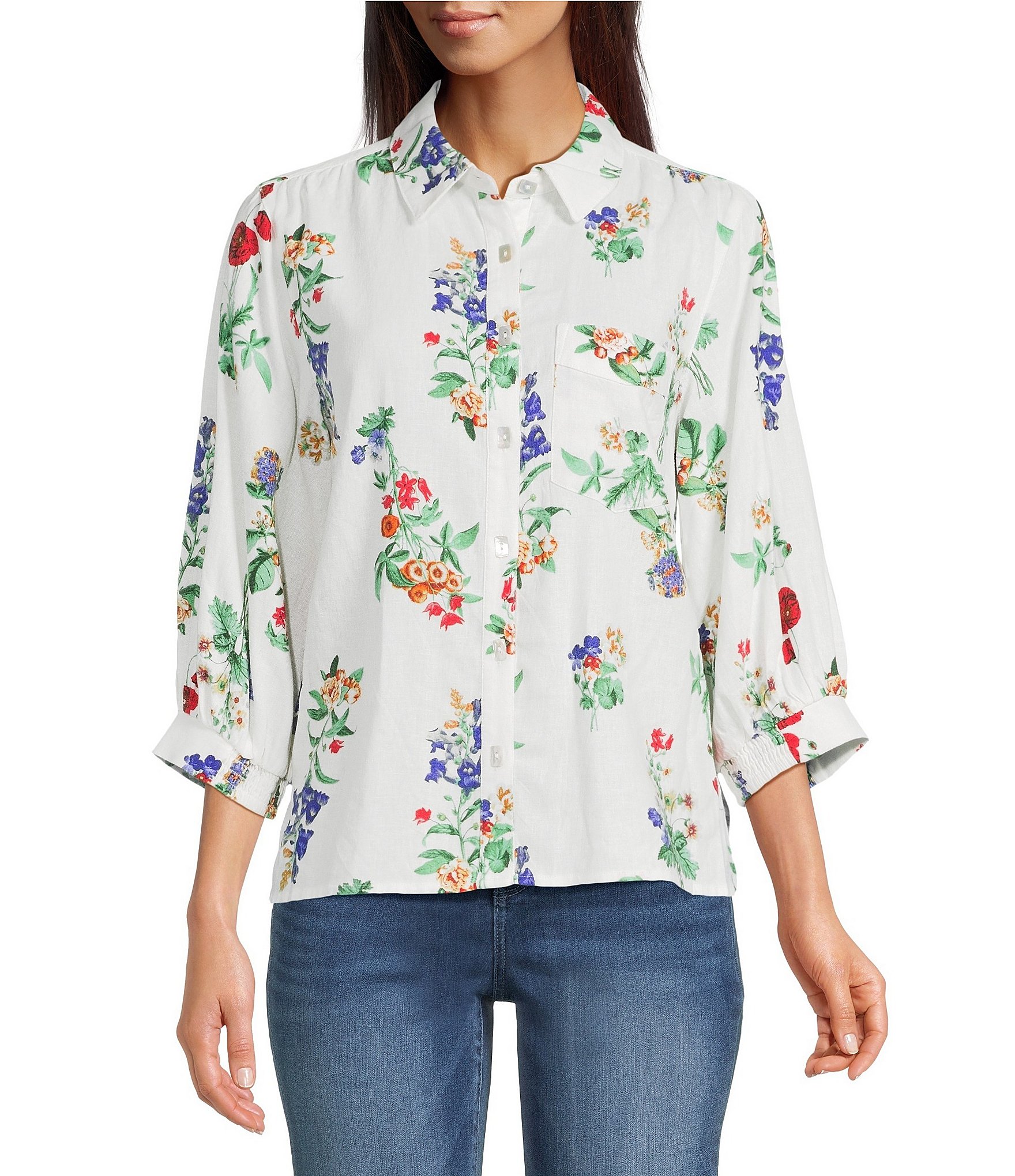 Ali Miles All-Over Floral Multi Print Linen Blend Point Collar Elbow Sleeve Button Front Tunic