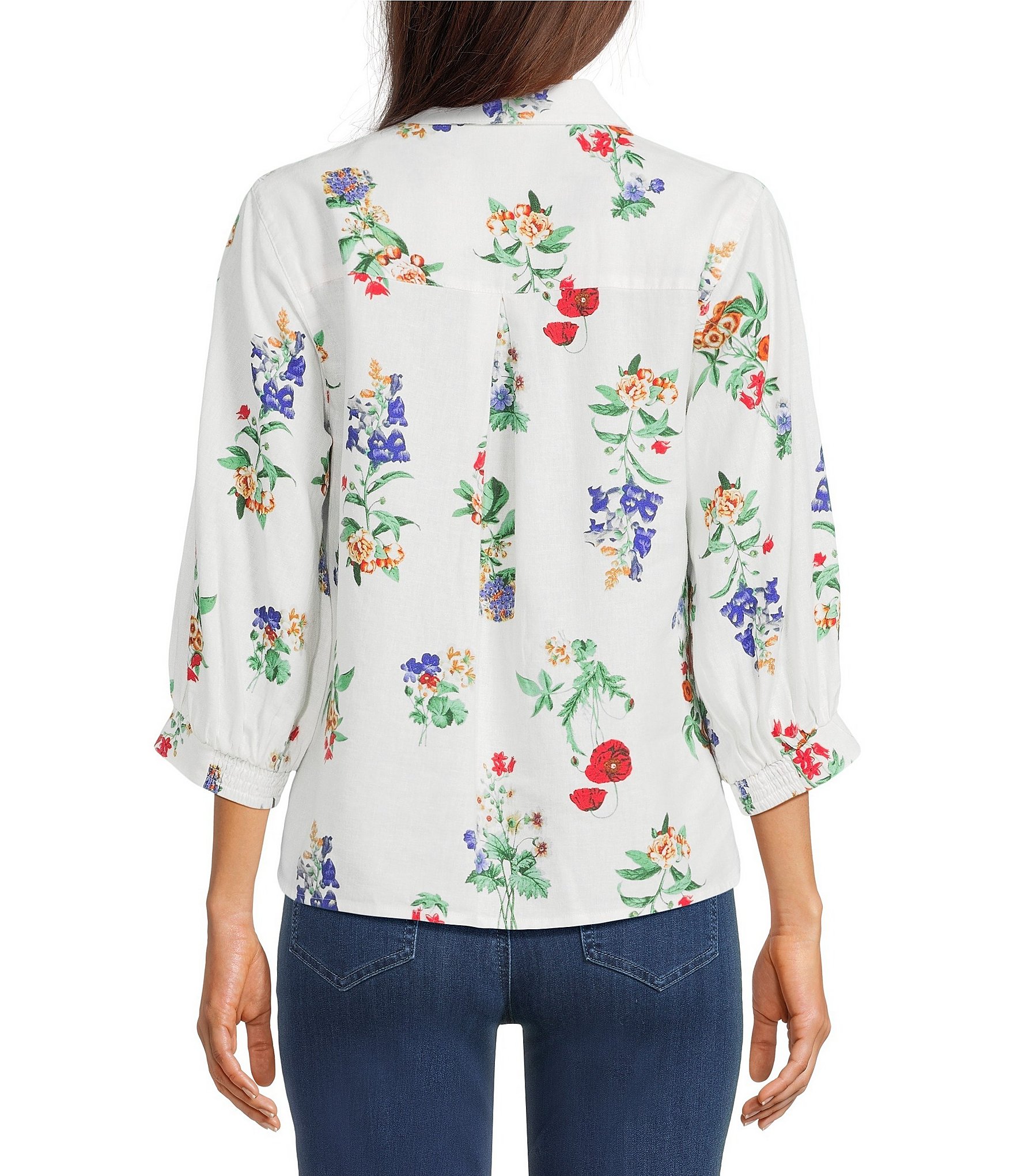 Ali Miles All-Over Floral Multi Print Linen Blend Point Collar Elbow Sleeve Button Front Tunic