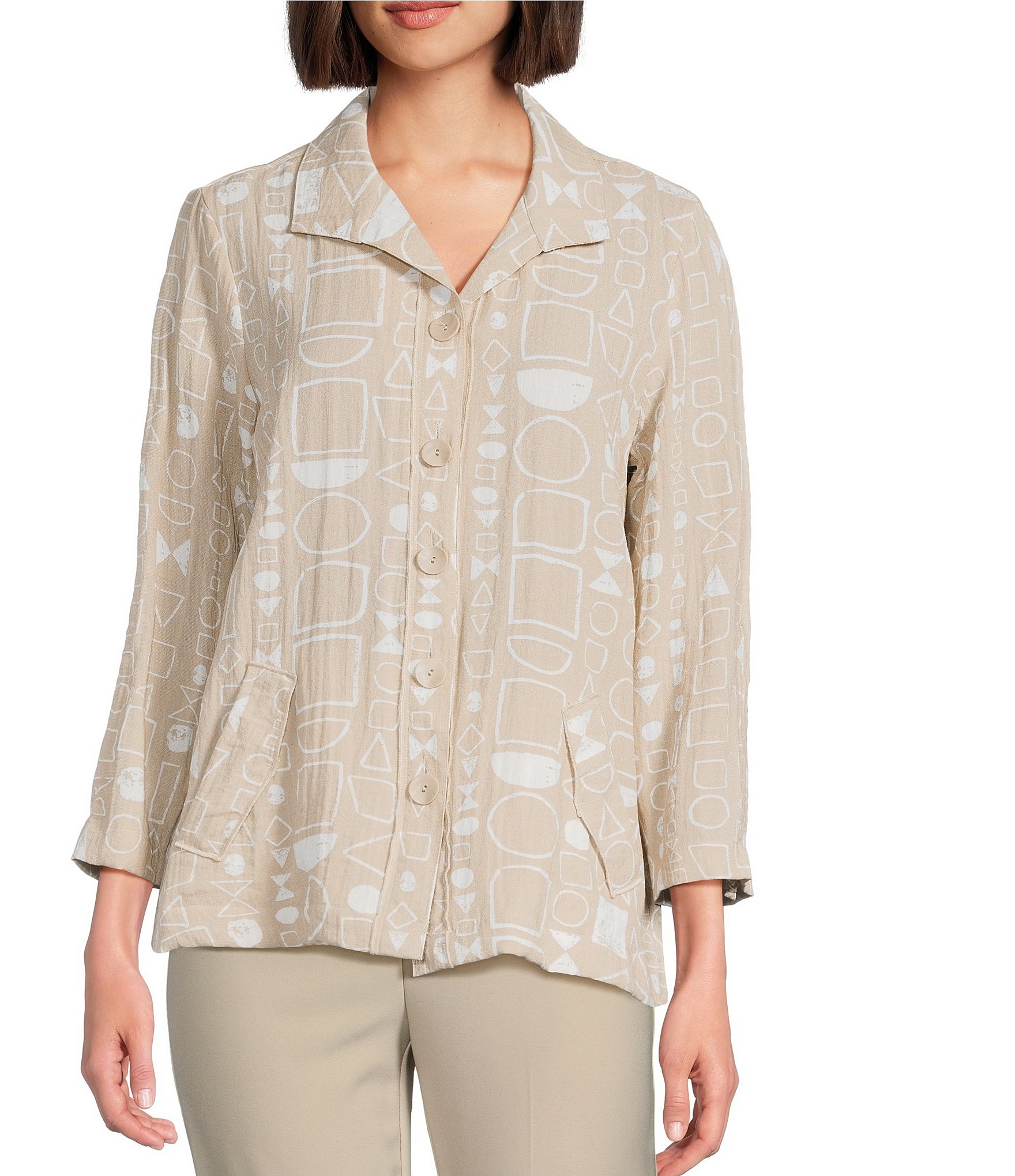 Ali Miles All-Over Geo Print Point Collar 3/4 Cinched Sleeve Button Front Tunic