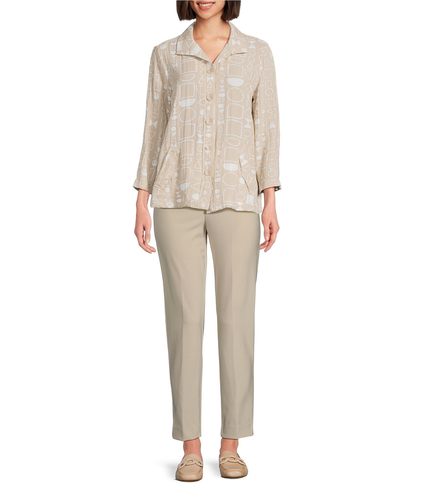 Ali Miles All-Over Geo Print Point Collar 3/4 Cinched Sleeve Button Front Tunic