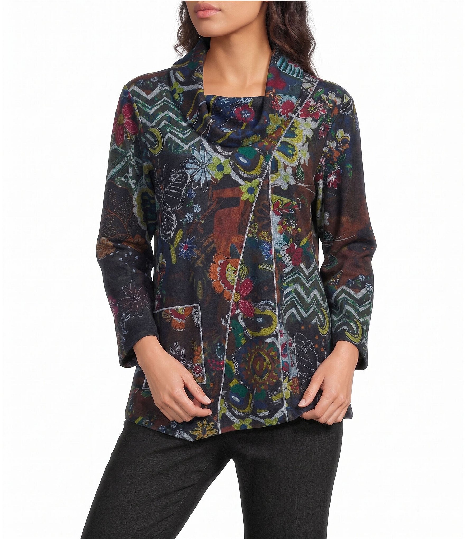 Ali Miles Brushed Knit Floral Abstract Cowl Neck 3/4 Sleeve Pullover Top