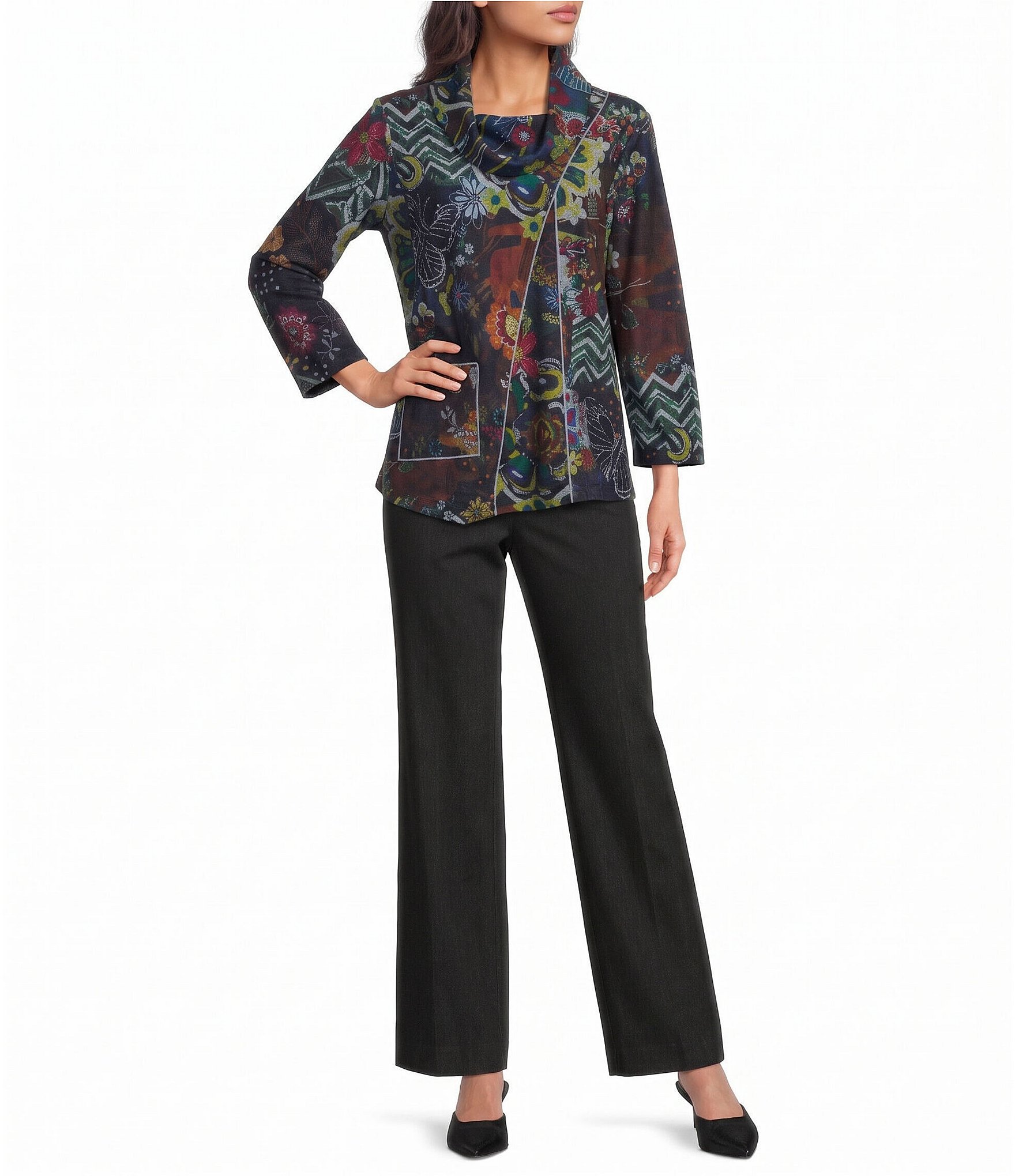 Ali Miles Brushed Knit Floral Abstract Cowl Neck 3/4 Sleeve Pullover Top