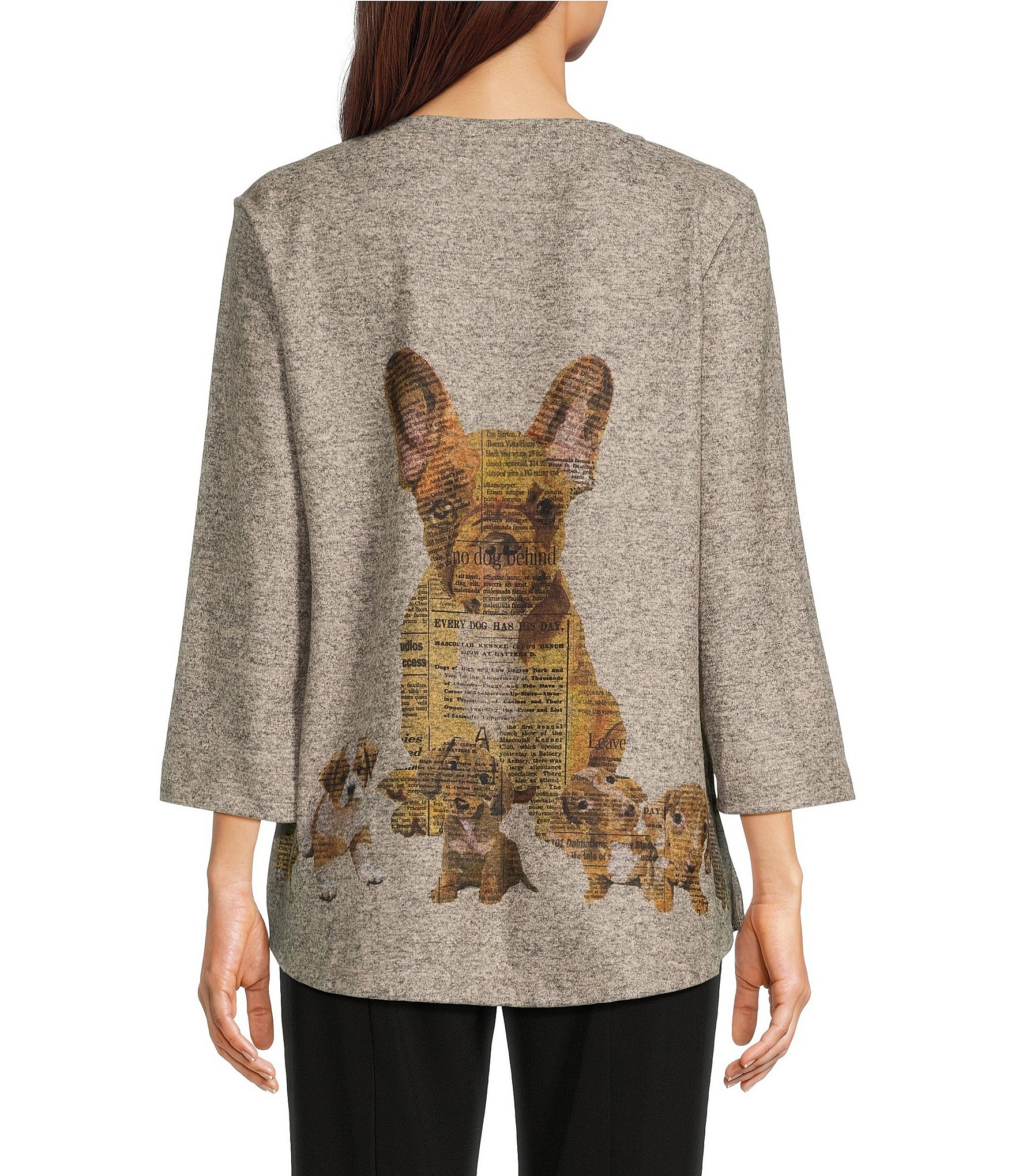 Ali Miles Brushed Knit Puppy Print V Neckline 3/4 Sleeve Top