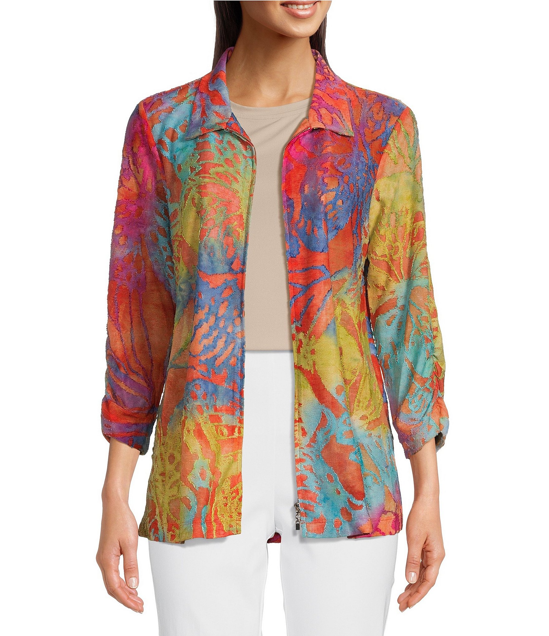 Ali Miles Burnout Abstract Floral Print Point Collar 3/4