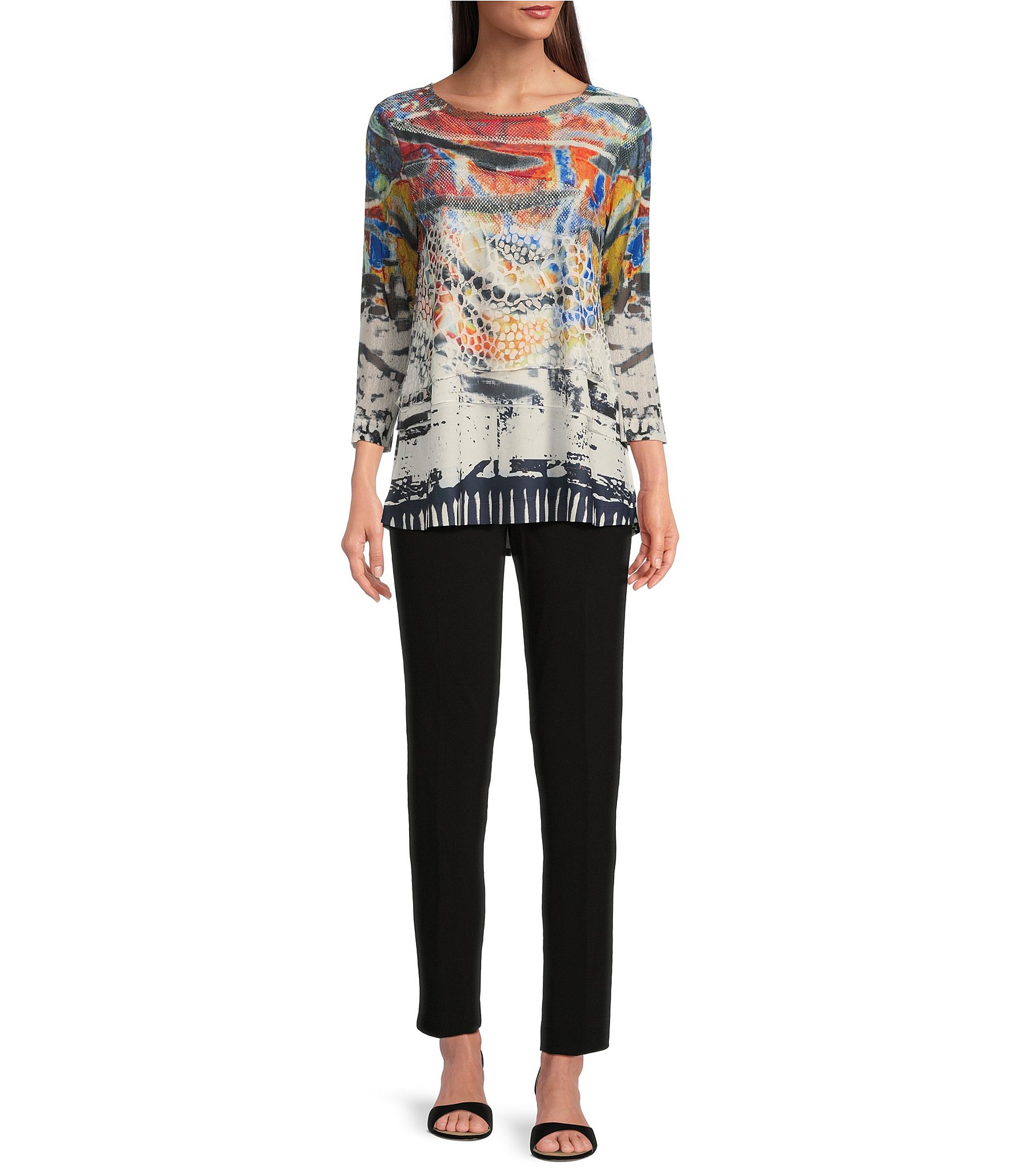 Ali Miles Burnout Knit Abstract Print Round Neck 3/4 Sleeve Tunic