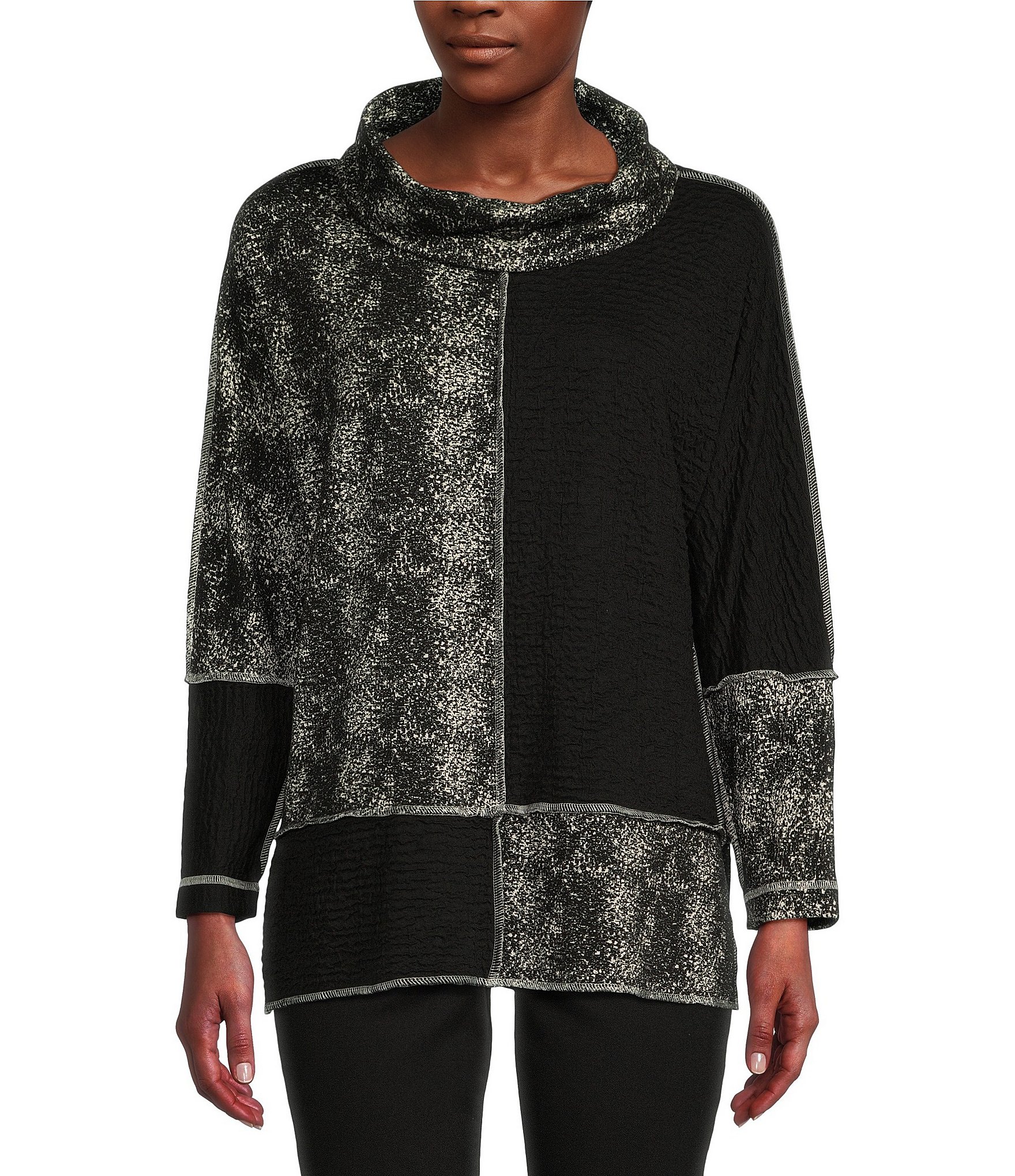 Ali Miles Color Block Jacquard Knit Cowl Neck Long Ripped Cuffed