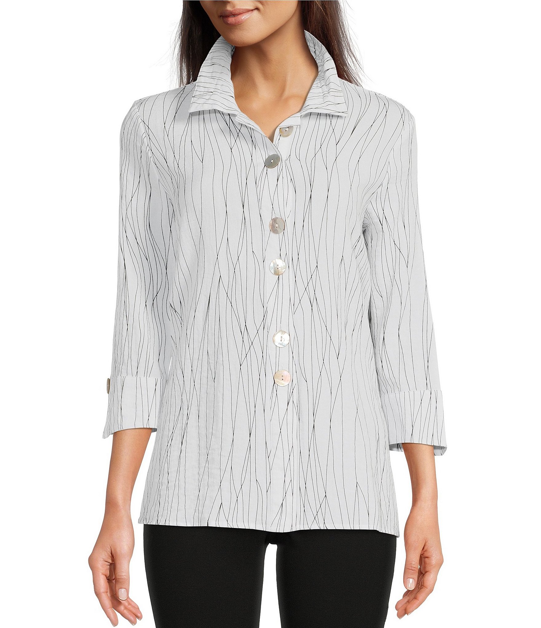 Ali Miles Abstract Striped Print Crinkled Woven Wire Collar 3/4 Sleeve ...