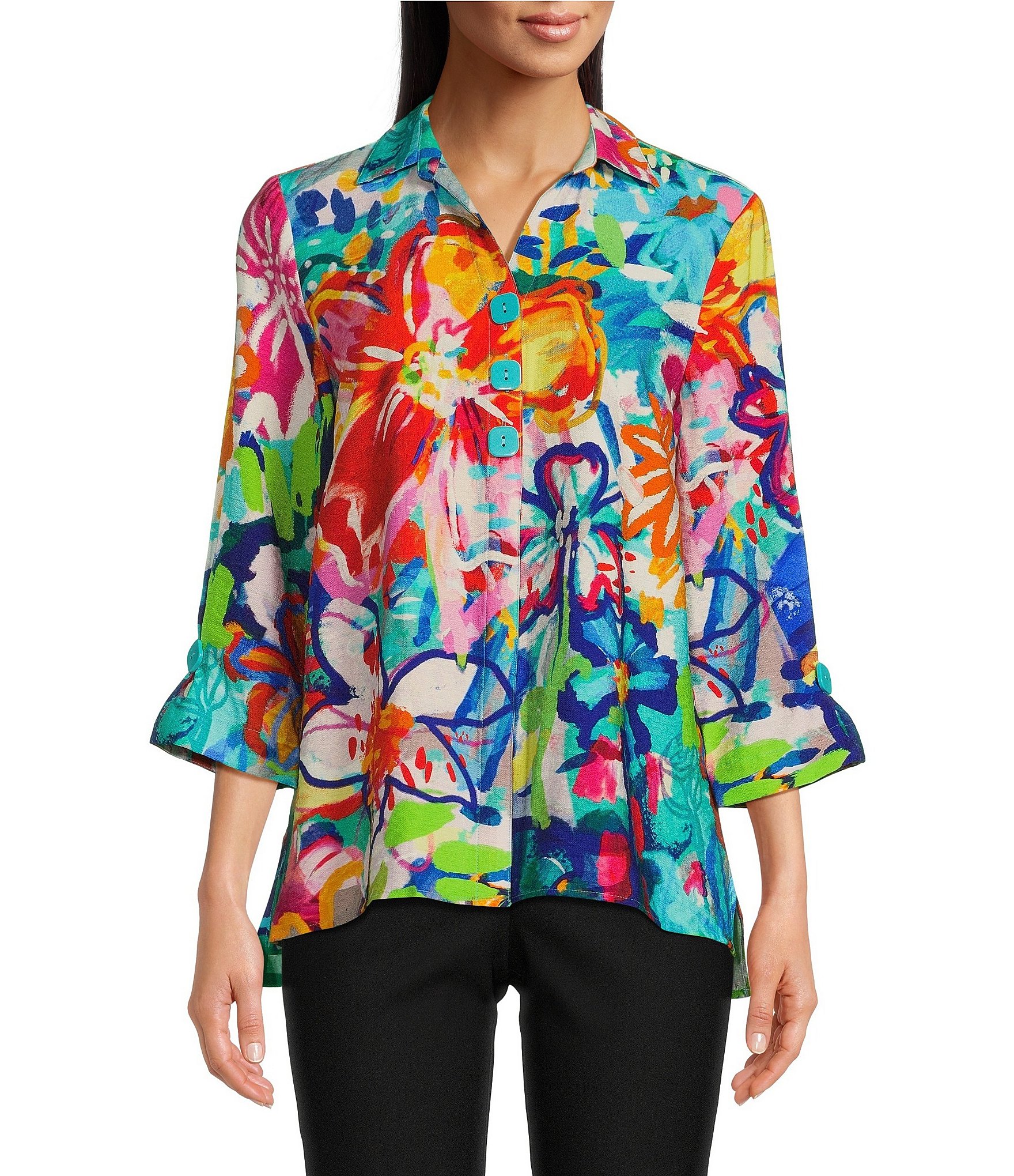 Ali Miles Floral Print Point Collar 3/4 Sleeve High-Low Hem Button ...