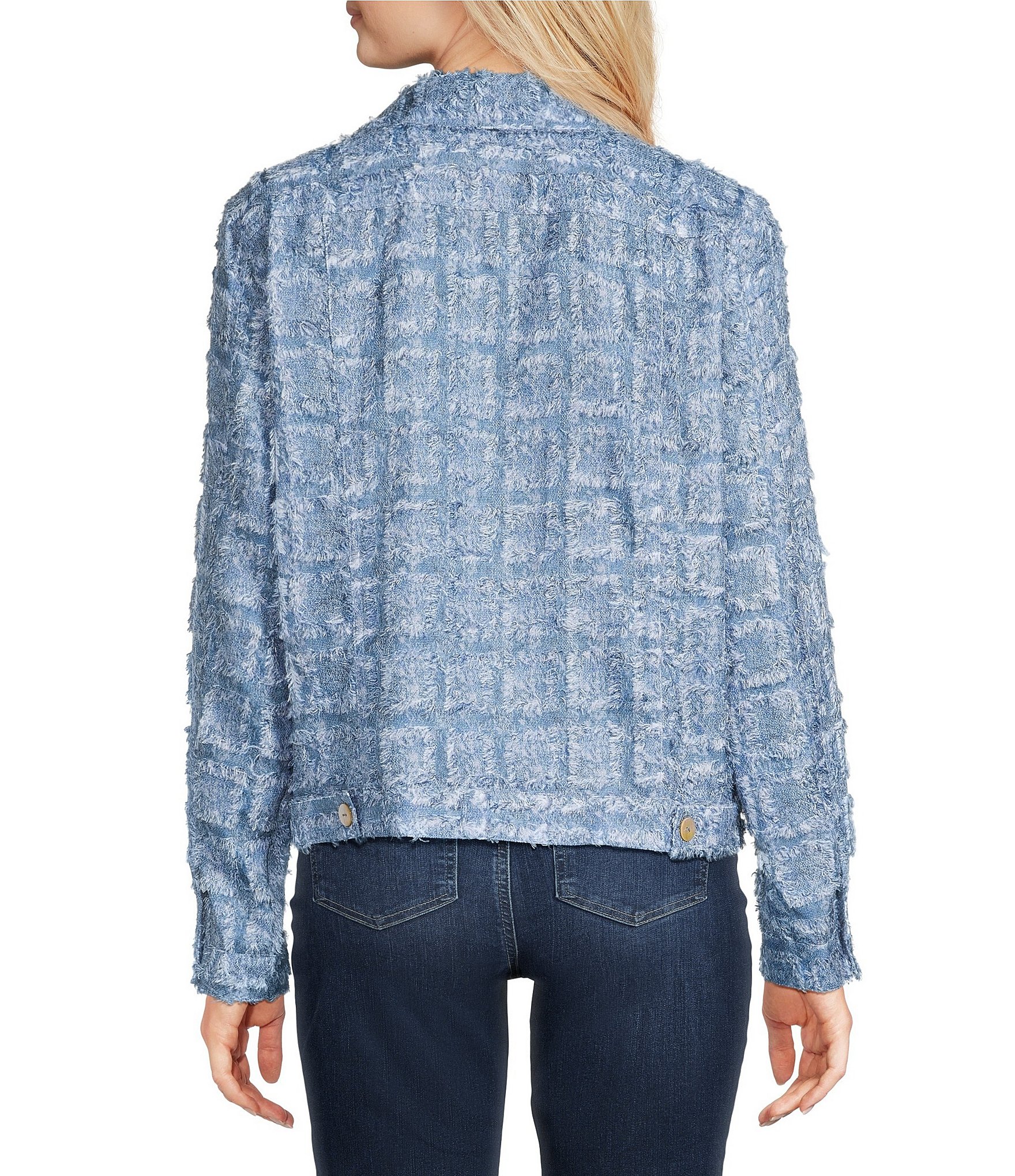 Ali Miles Jacquard Frayed Fringe Point Collar Long Sleeve Button Front Jacket
