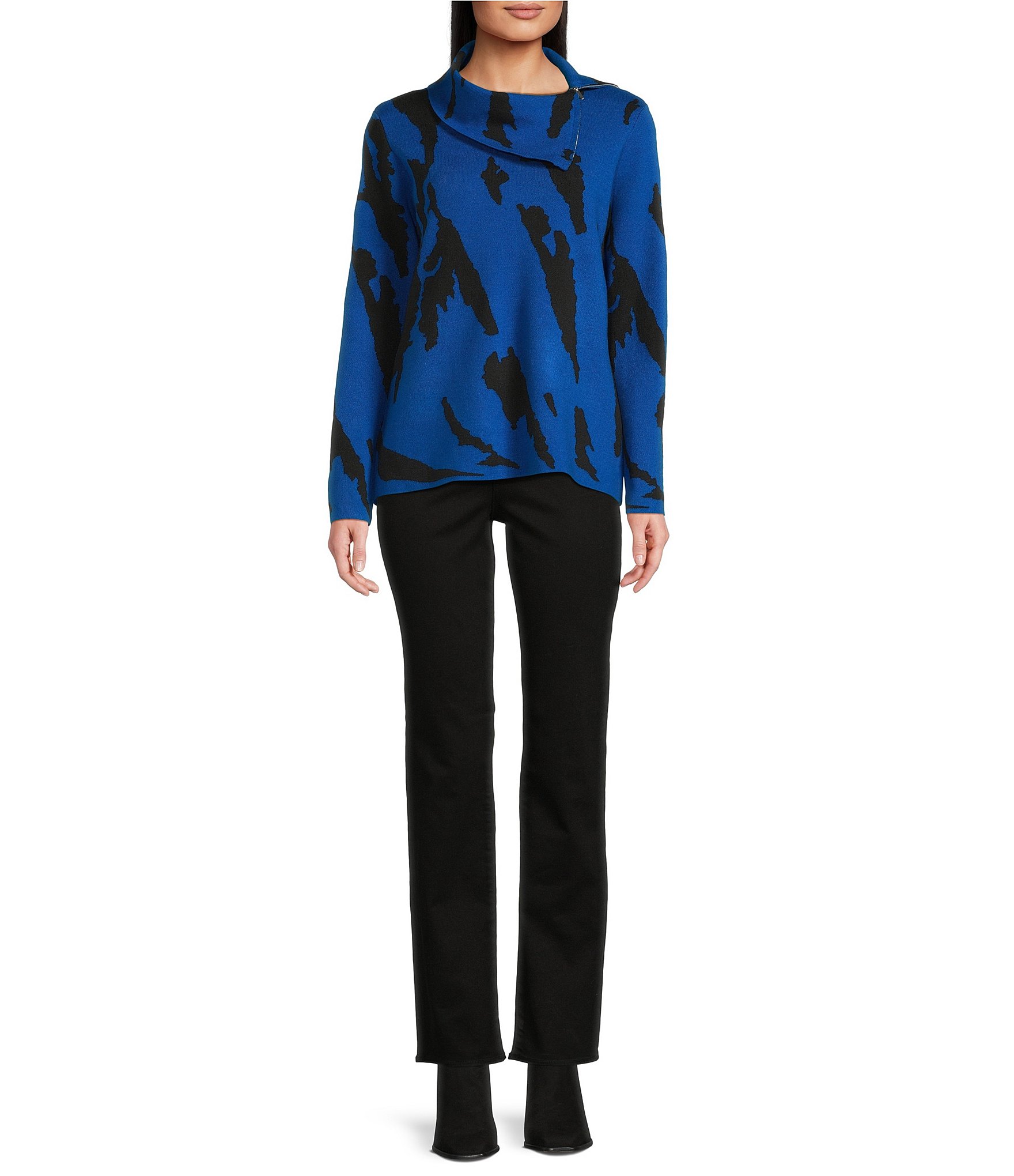 Ali Miles Jacquard Knit Abstract Stripe Split Cowl Zipper Neck Long Sleeve Pop-Over Sweater