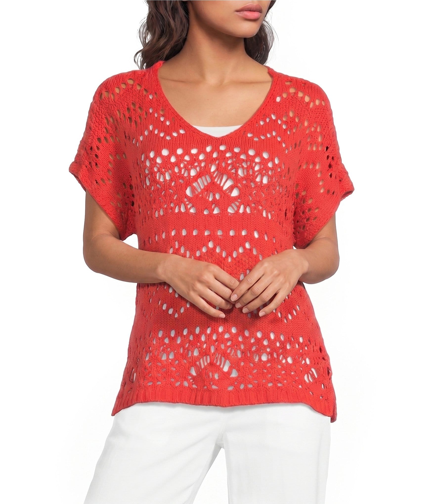 Ali Miles Knit Crochet V-Neck Short Dolman Sleeve Top